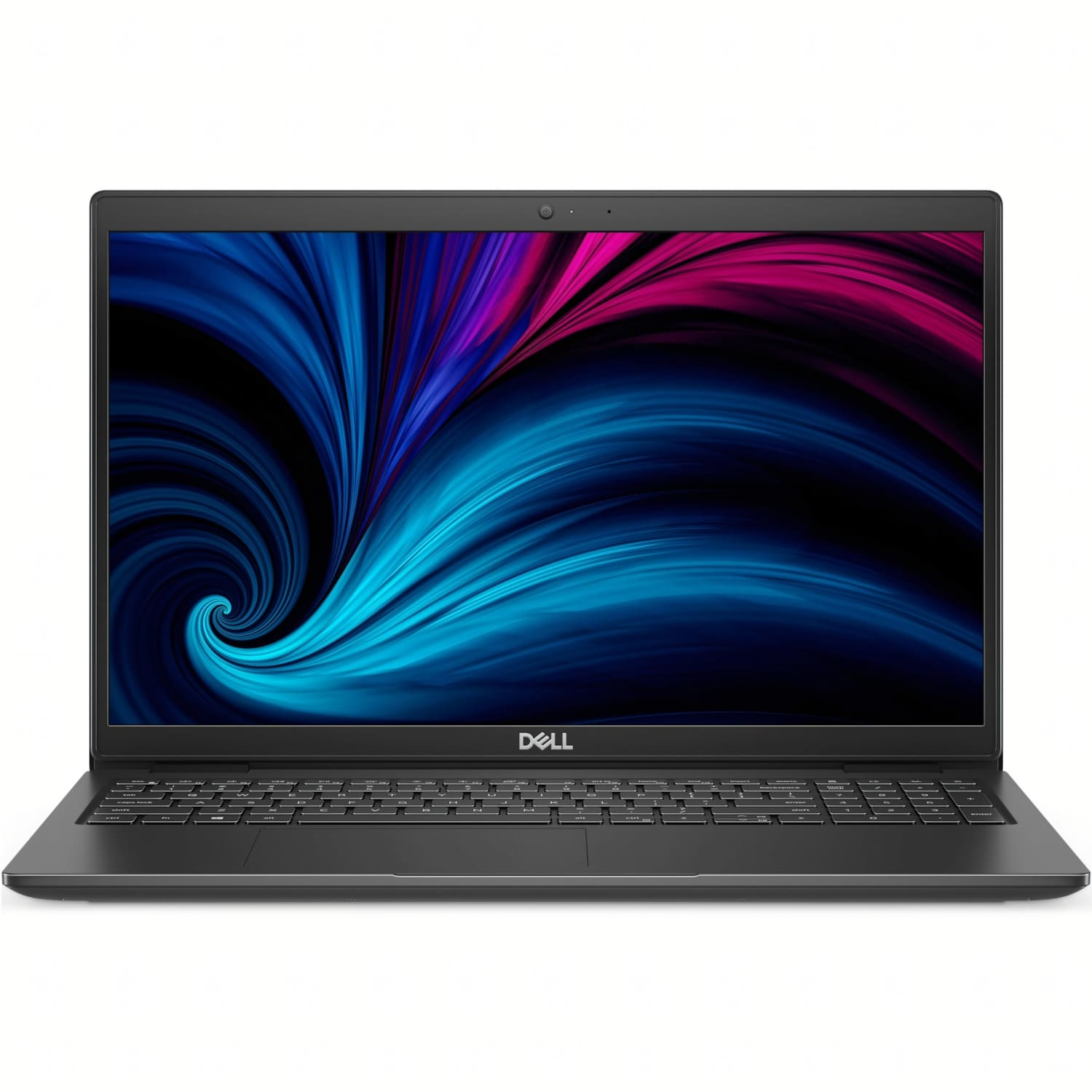 Una laptop Dell está abierta. La pantalla muestra formas abstractas fluidas azules, moradas y rosas. El teclado es visible y el logotipo está en la parte inferior.