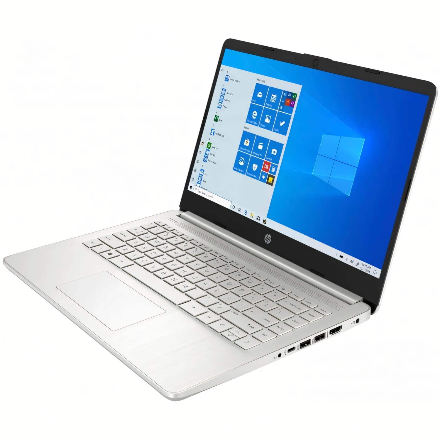 Portátil HP plateado abierto, interfaz de Windows 10 visible, teclado y panel táctil enfocados, sobre una superficie blanca, vista en ángulo.