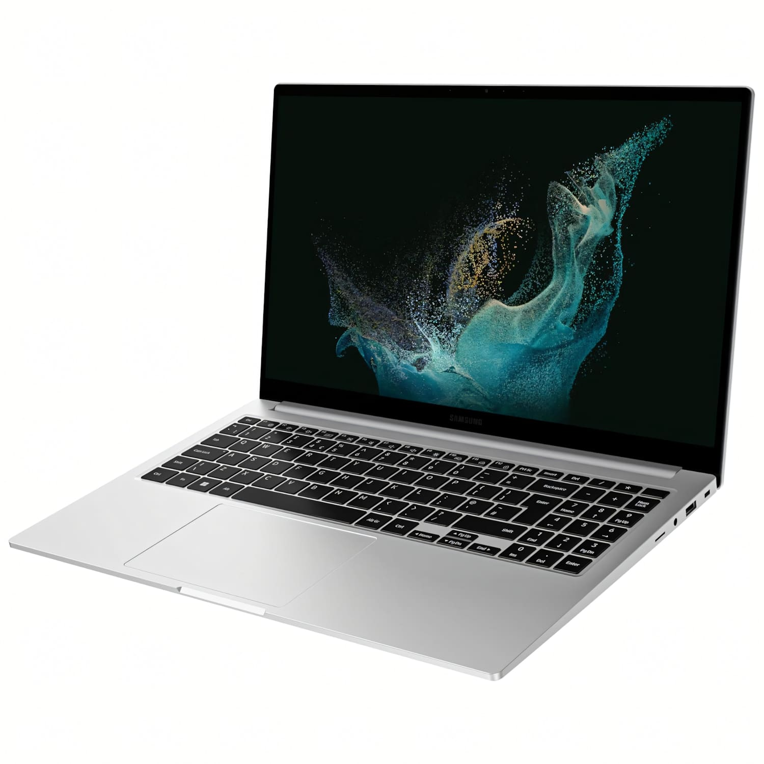 Portátil plateado con teclado negro y pantalla con diseño abstracto azul y verde, sobre fondo blanco.