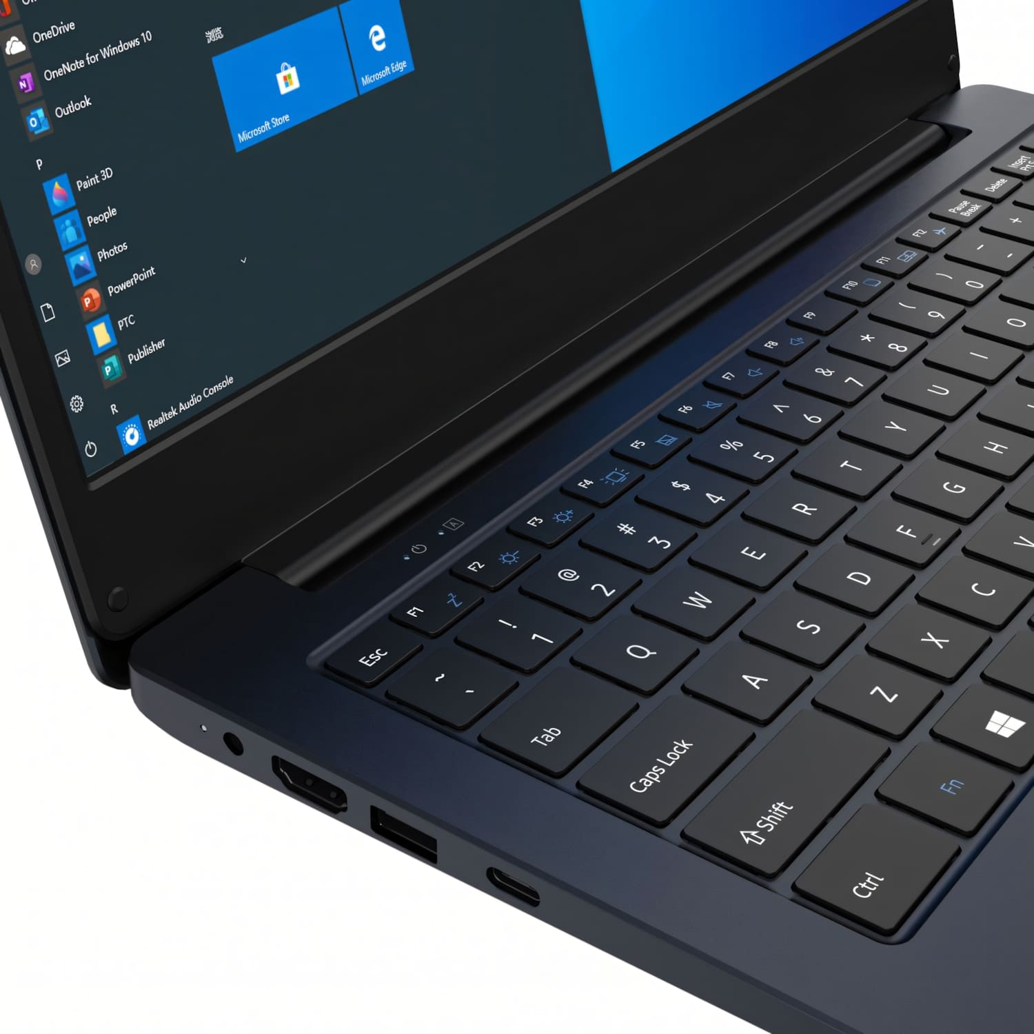 Un portátil azul oscuro, que muestra el teclado y la pantalla con la interfaz de Windows 10. Varios iconos de aplicaciones son visibles.