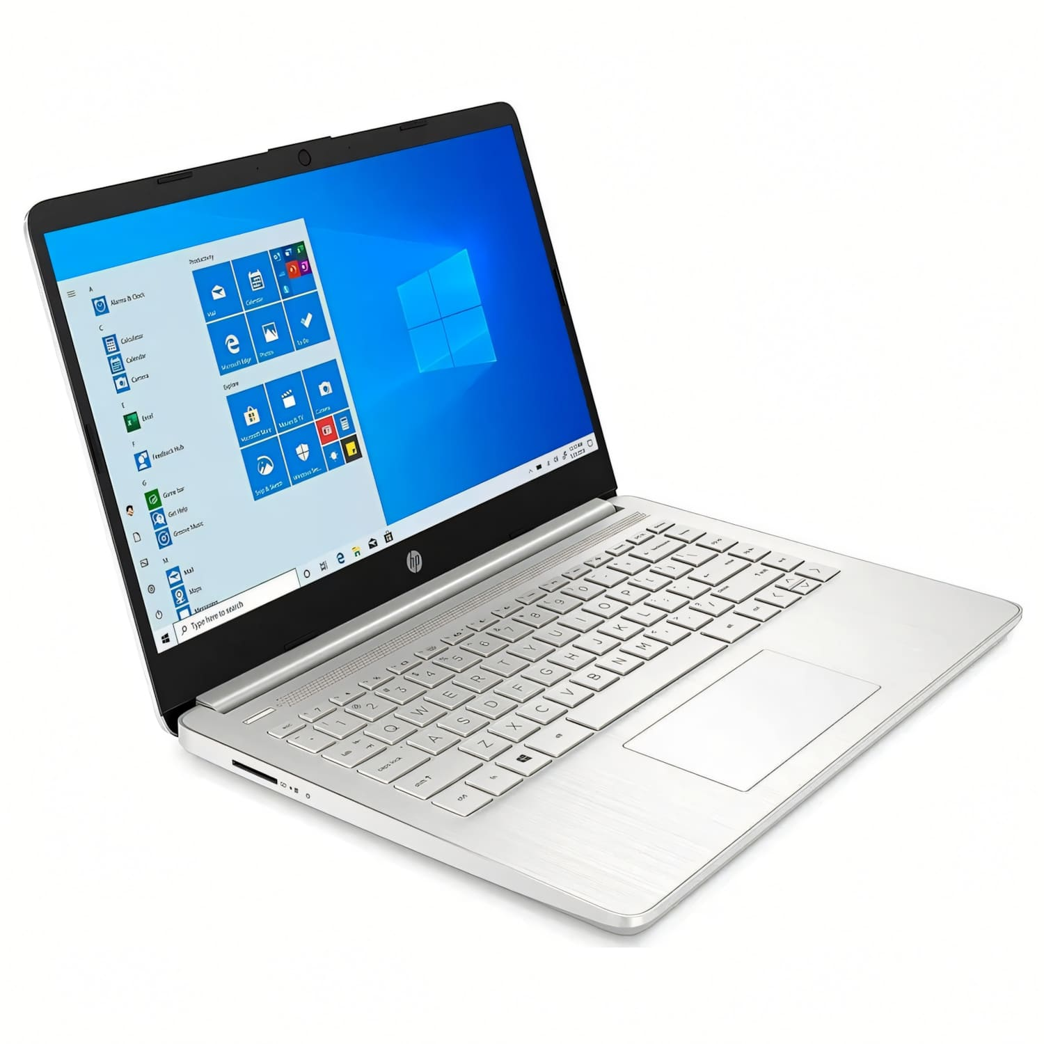 Un portátil HP plateado está abierto. La pantalla muestra la interfaz de Windows 10. Se ven el teclado y el panel táctil. El fondo es blanco.