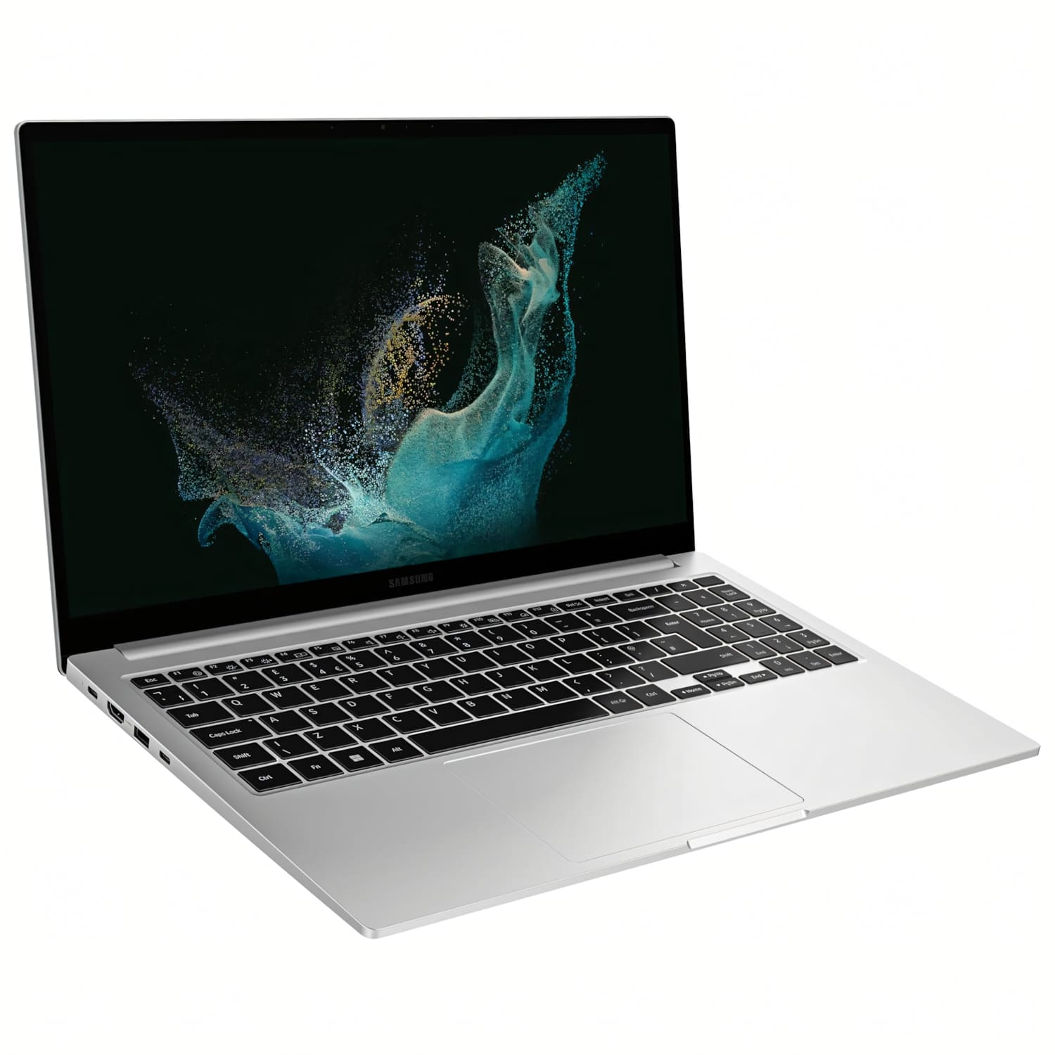 Portátil Samsung plateado sobre blanco. La pantalla muestra un diseño abstracto verde azulado y dorado. Teclado visible. El portátil está abierto.