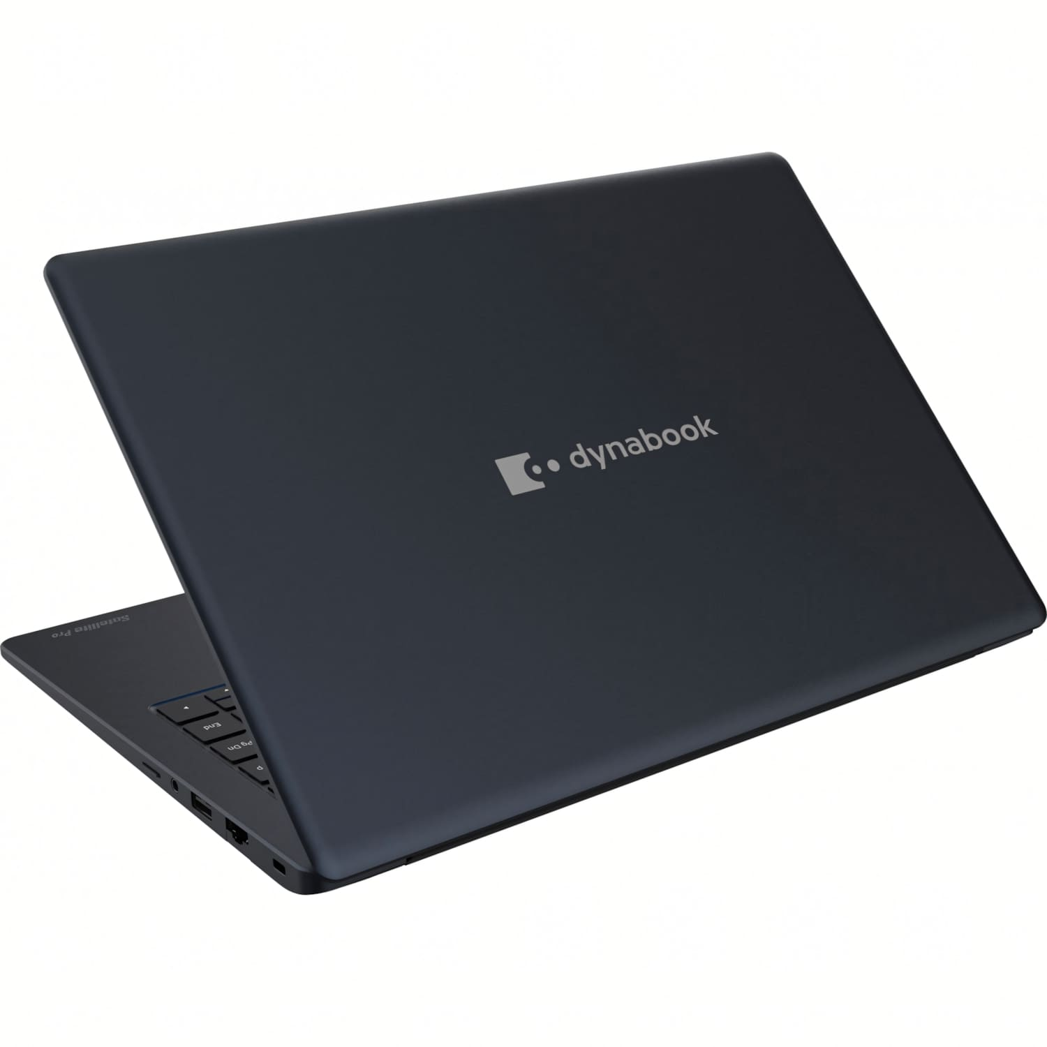 Un portátil Dynabook azul oscuro, abierto en ángulo. El logotipo de Dynabook es visible. El teclado es parcialmente visible. Fondo blanco.