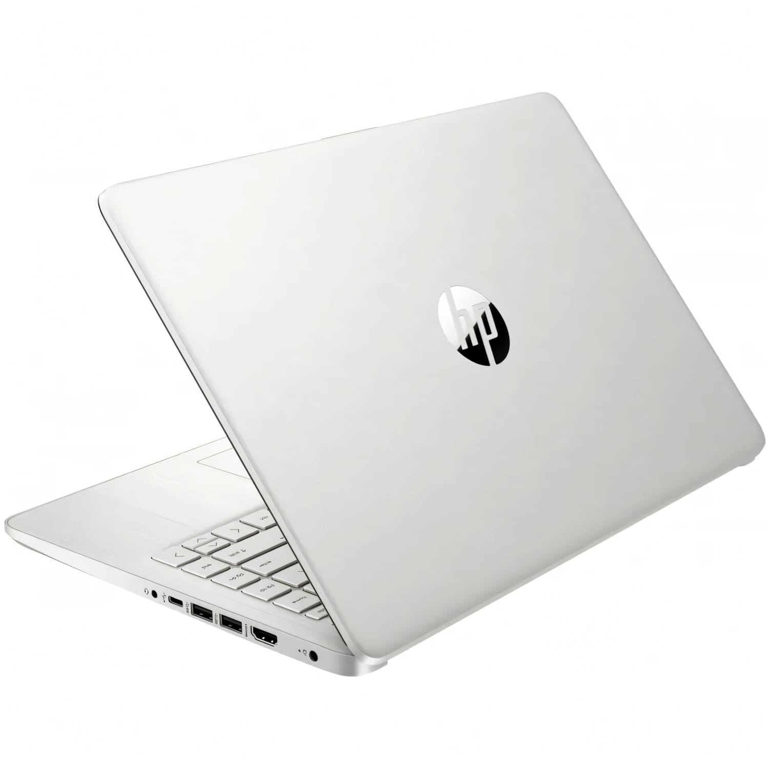 Un portátil HP blanco está ligeramente abierto. El logotipo de HP es visible. El teclado es parcialmente visible. El fondo es blanco.