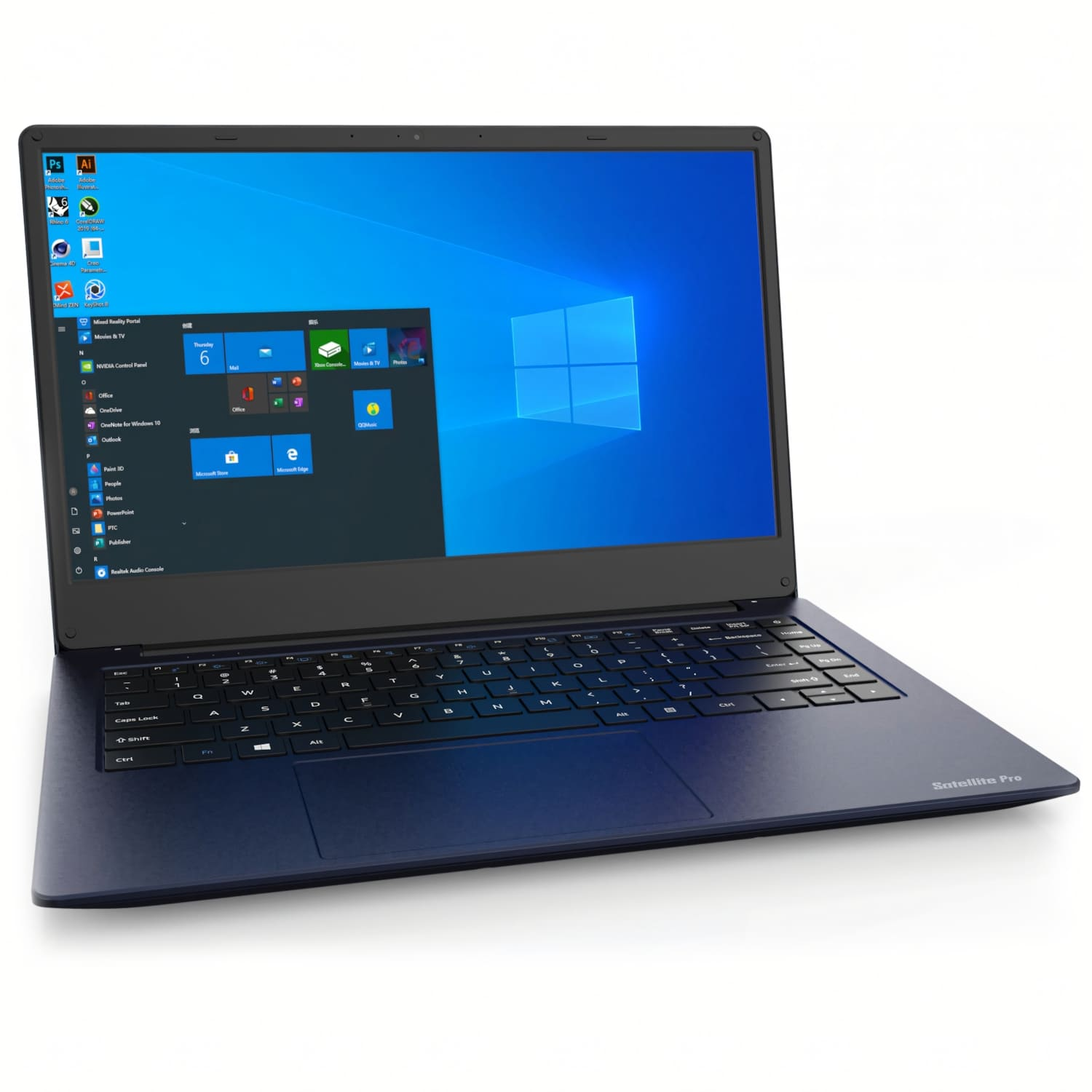 Un portátil azul oscuro mostrando la interfaz de Windows 10. La pantalla muestra iconos de aplicaciones. El teclado es visible, y el portátil está sobre una superficie blanca.