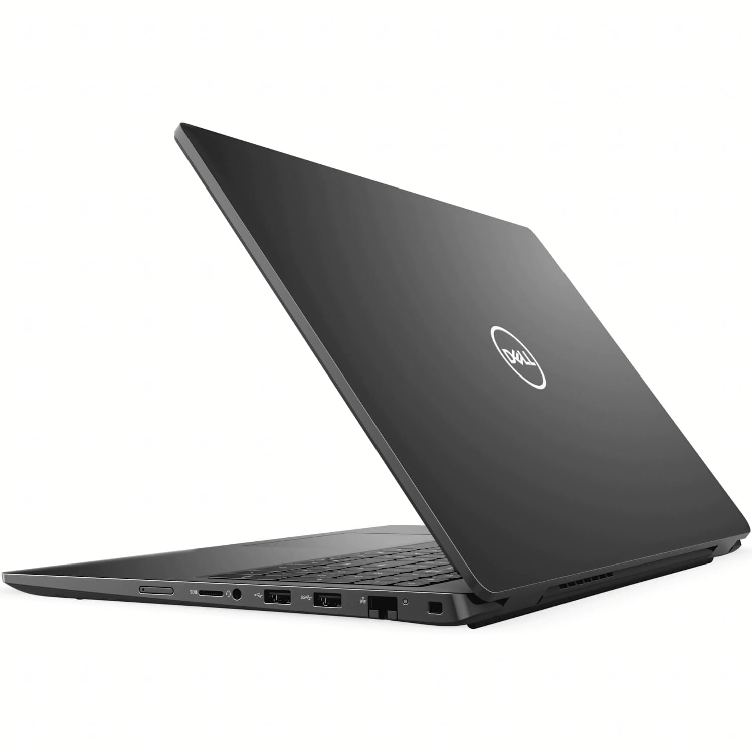 Una laptop Dell negra está abierta, mostrando la pantalla y el teclado. El logo de Dell es visible. El fondo es blanco.