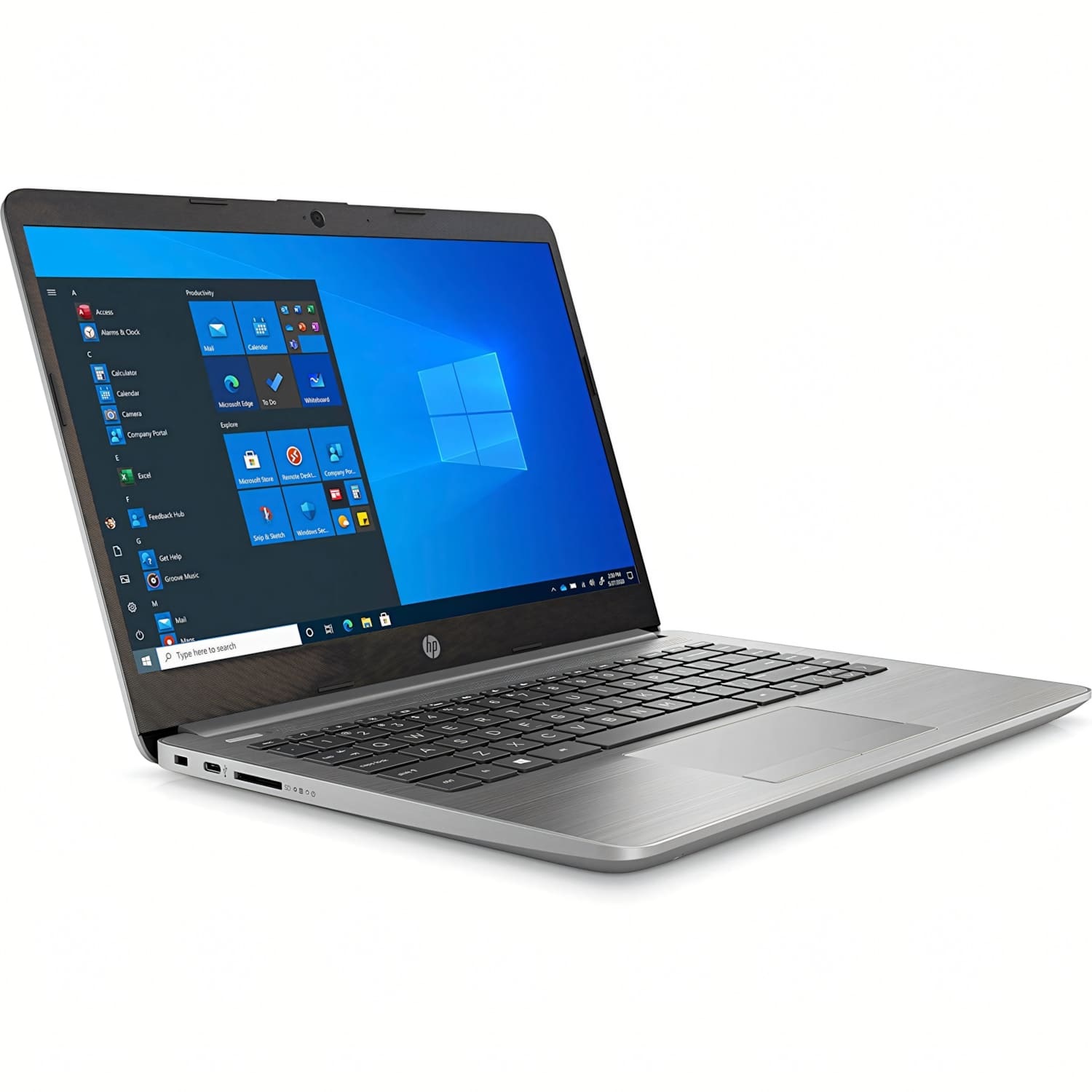 Un portátil HP plateado está abierto. La pantalla muestra el escritorio de Windows 10 con iconos de aplicaciones. El teclado es negro y el fondo blanco.