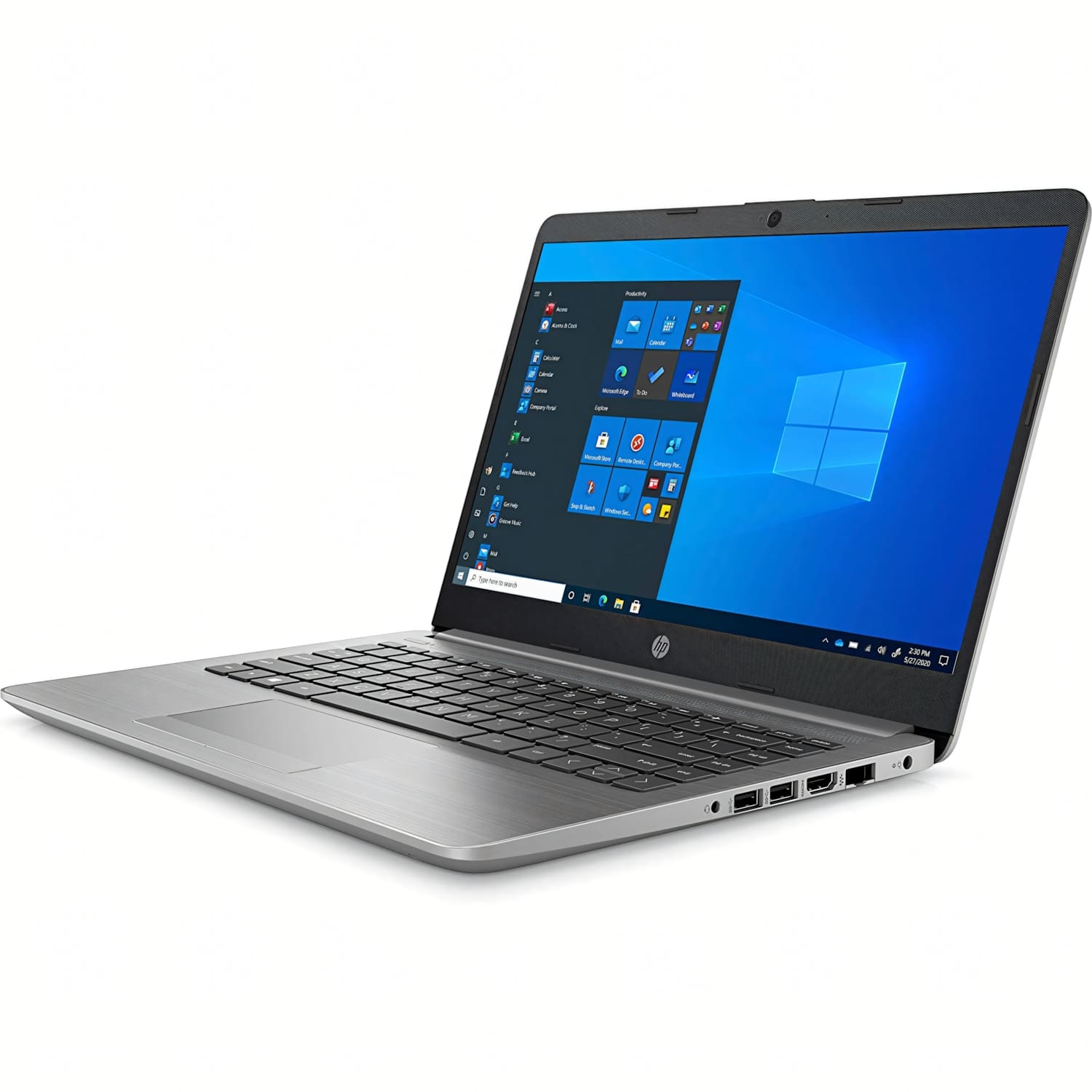 Un portátil HP plateado sobre un fondo blanco. La pantalla muestra el escritorio de Windows. El teclado es visible y el portátil está ligeramente abierto.
