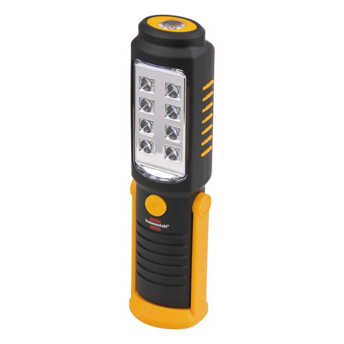 Luce da lavoro nera e gialla. Ha un pannello di LED, un'impugnatura gialla e un pulsante on/off. Il marchio è 'brennenstuhl'.