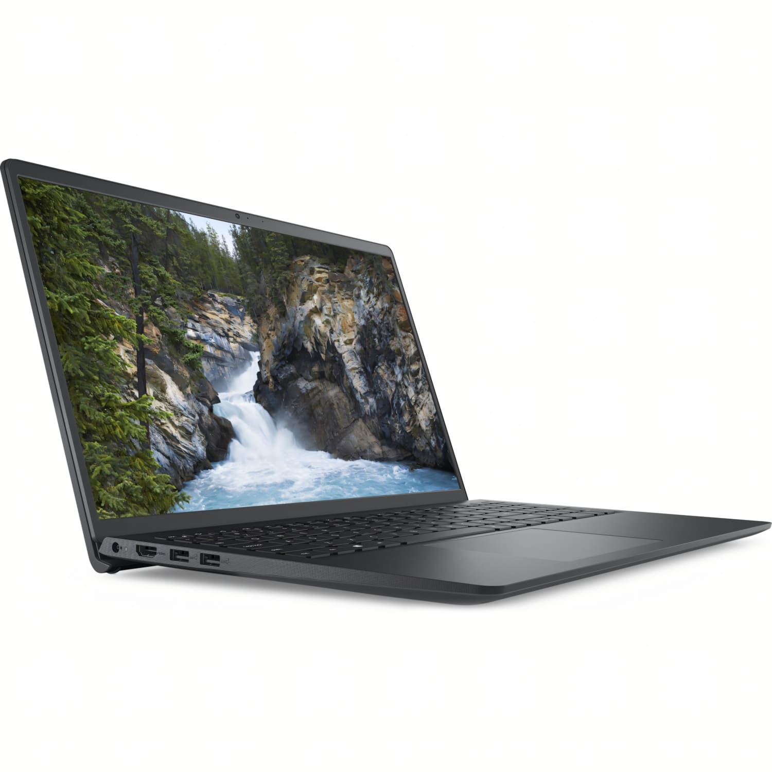 Una laptop negra muestra una escena de cascada. La laptop está en ángulo, mostrando el teclado y los puertos. Fondo blanco.