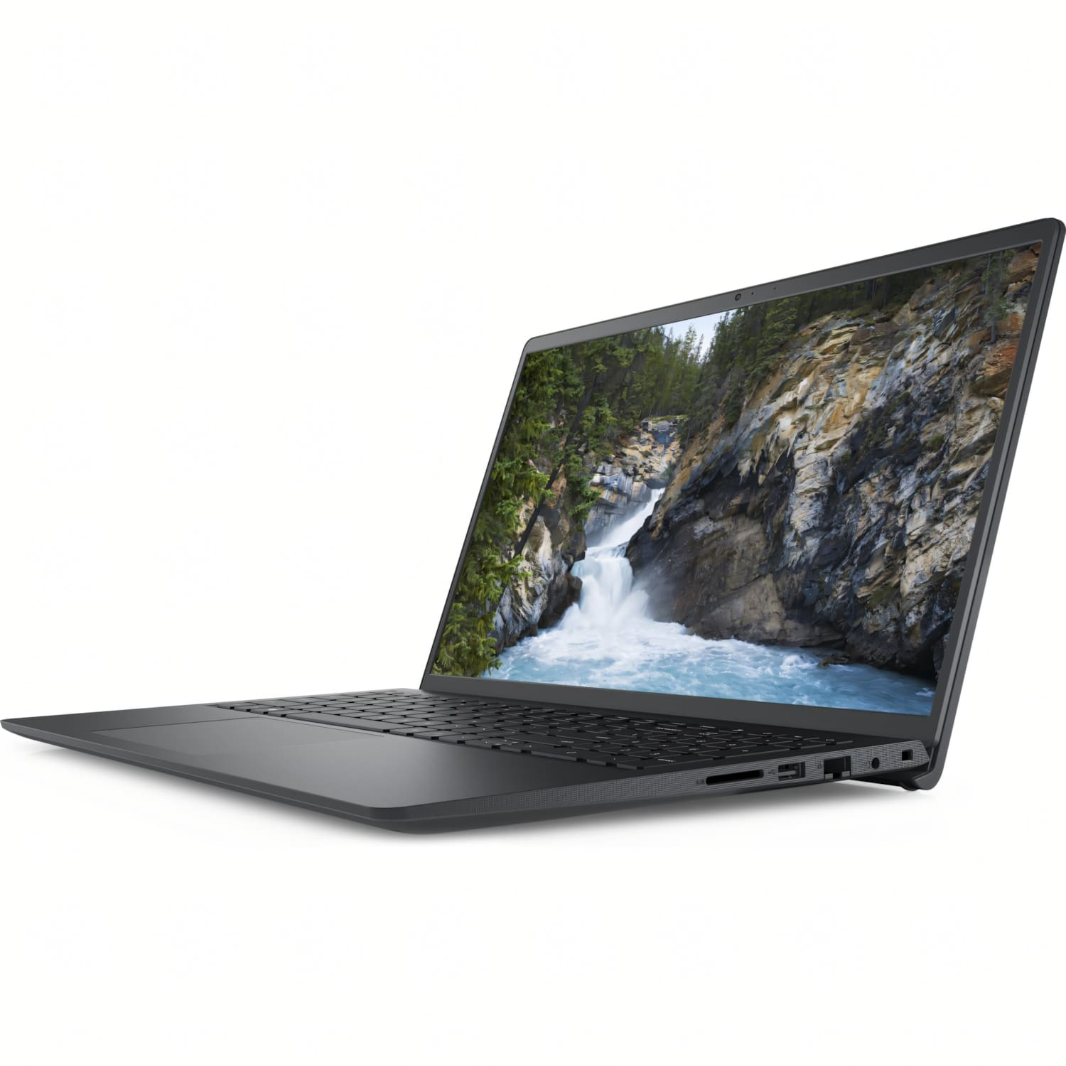 Una laptop oscura está ligeramente abierta, mostrando una escena de cascada. La laptop está sobre una superficie blanca, con su teclado visible.