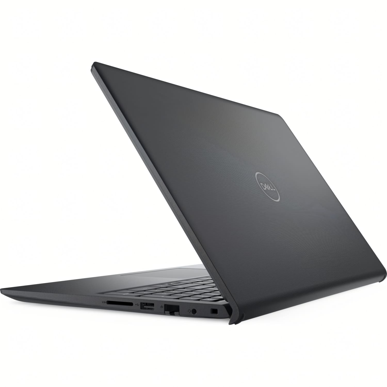 Una laptop Dell gris oscuro está abierta, mostrando el teclado y el logotipo de Dell. El fondo es blanco.