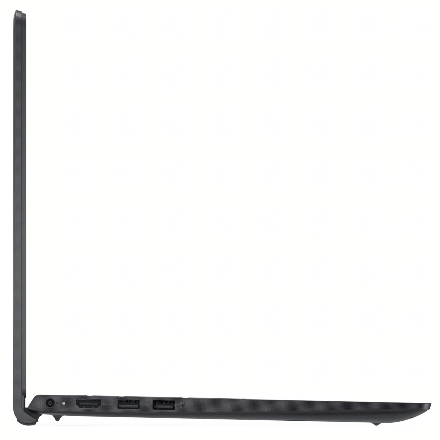 Vista lateral de un portátil gris oscuro. Los puertos visibles incluyen HDMI, USB y alimentación. La pantalla está cerrada.