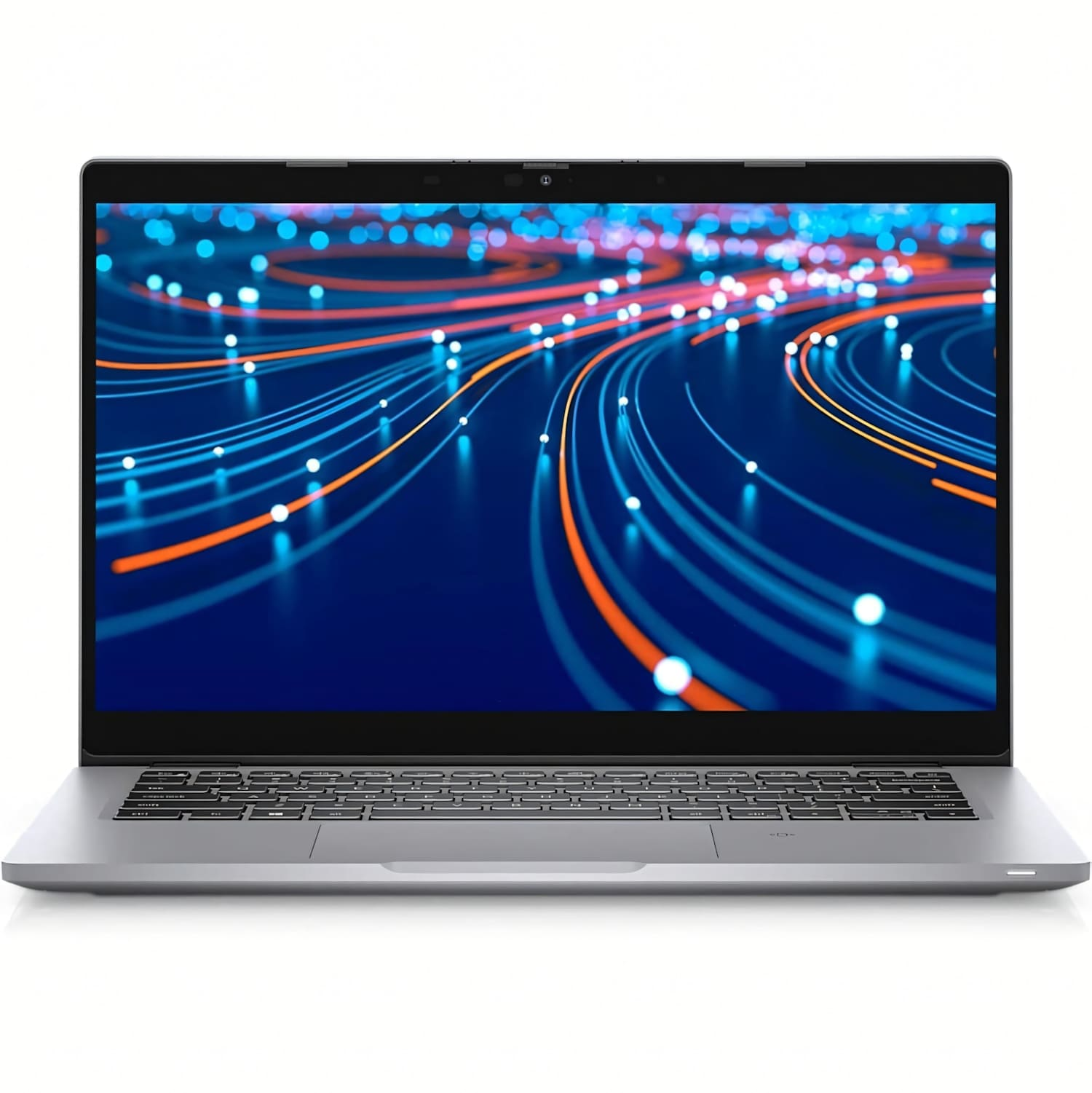 Un portátil plateado con una pantalla que muestra un diseño abstracto azul y naranja. El teclado es visible debajo de la pantalla.