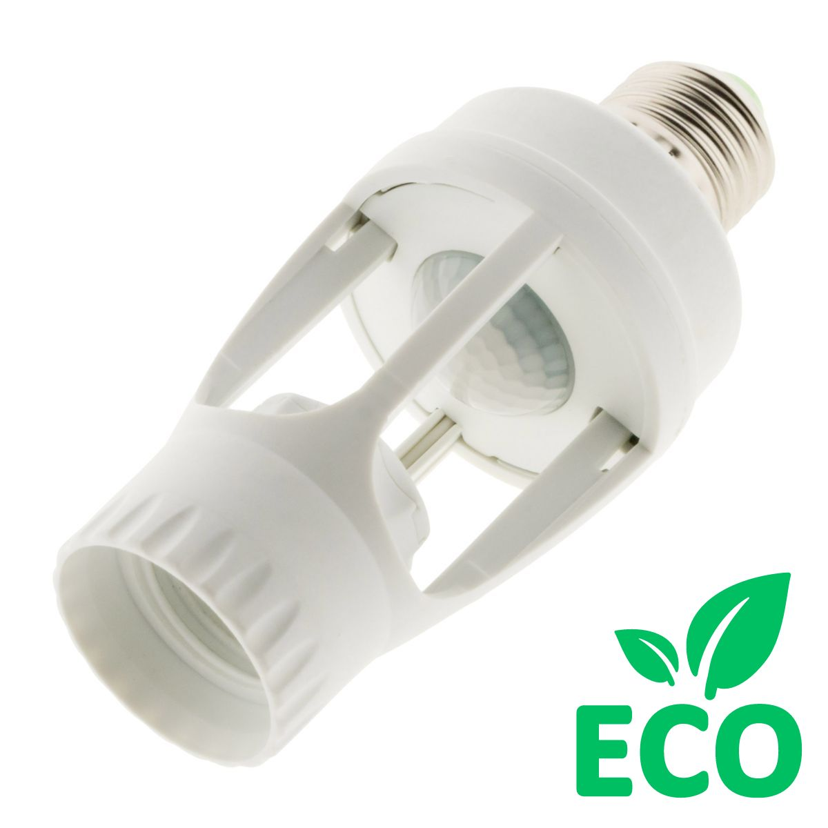 Un adattatore per portalampada con sensore di movimento bianco. L'estremità ha una base a vite. Logo Eco verde a destra.