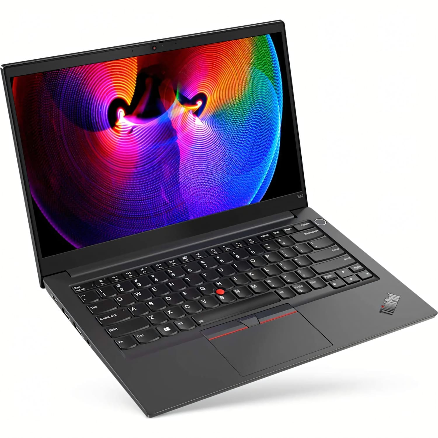 Un portátil negro con una pantalla colorida muestra un patrón arremolinado. El teclado y el panel táctil son visibles. El logotipo de ThinkPad está presente.