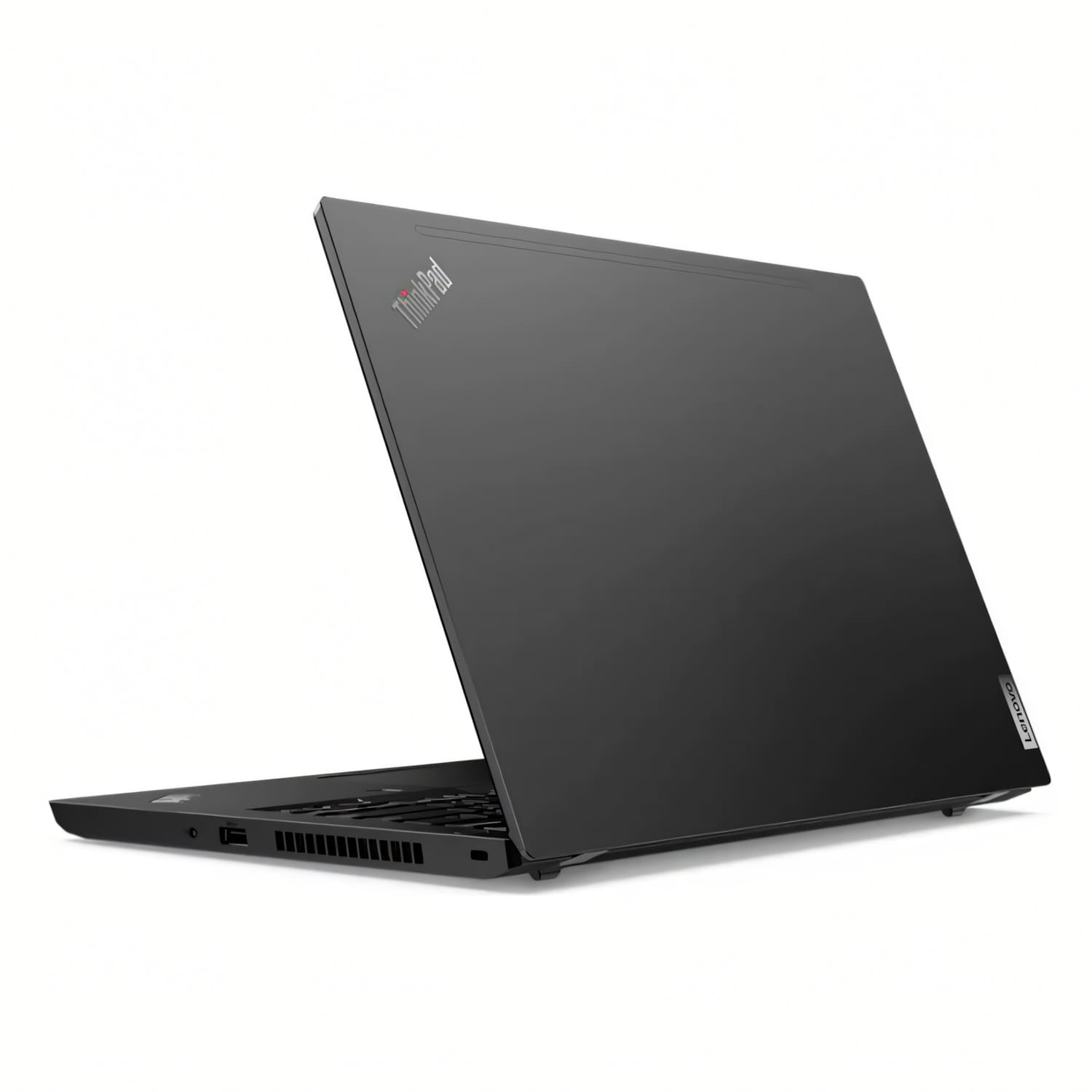 Un portátil Lenovo ThinkPad negro está ligeramente abierto sobre un fondo blanco. El logotipo de ThinkPad es visible en la tapa.