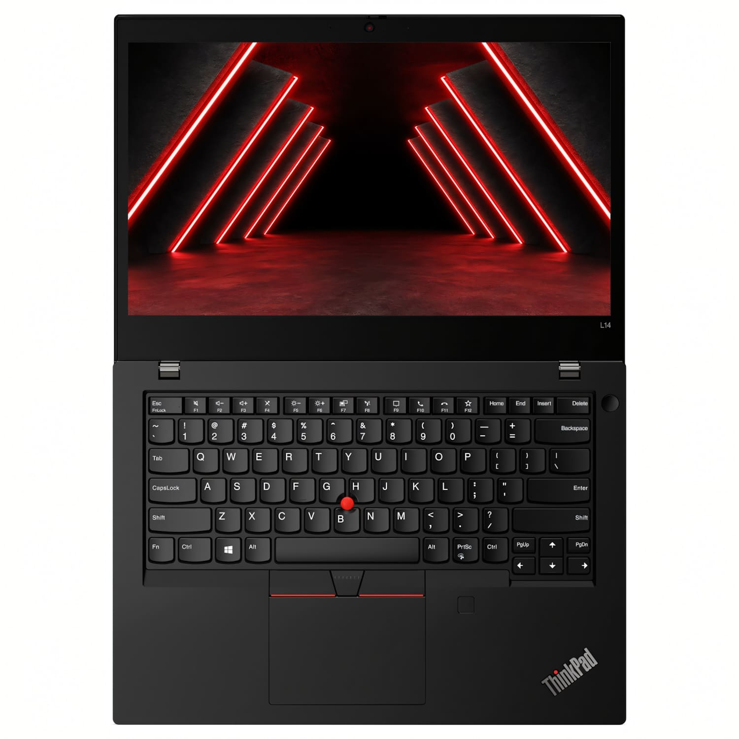 Laptop Lenovo ThinkPad negro con teclado iluminado y pantalla con luces rojas.