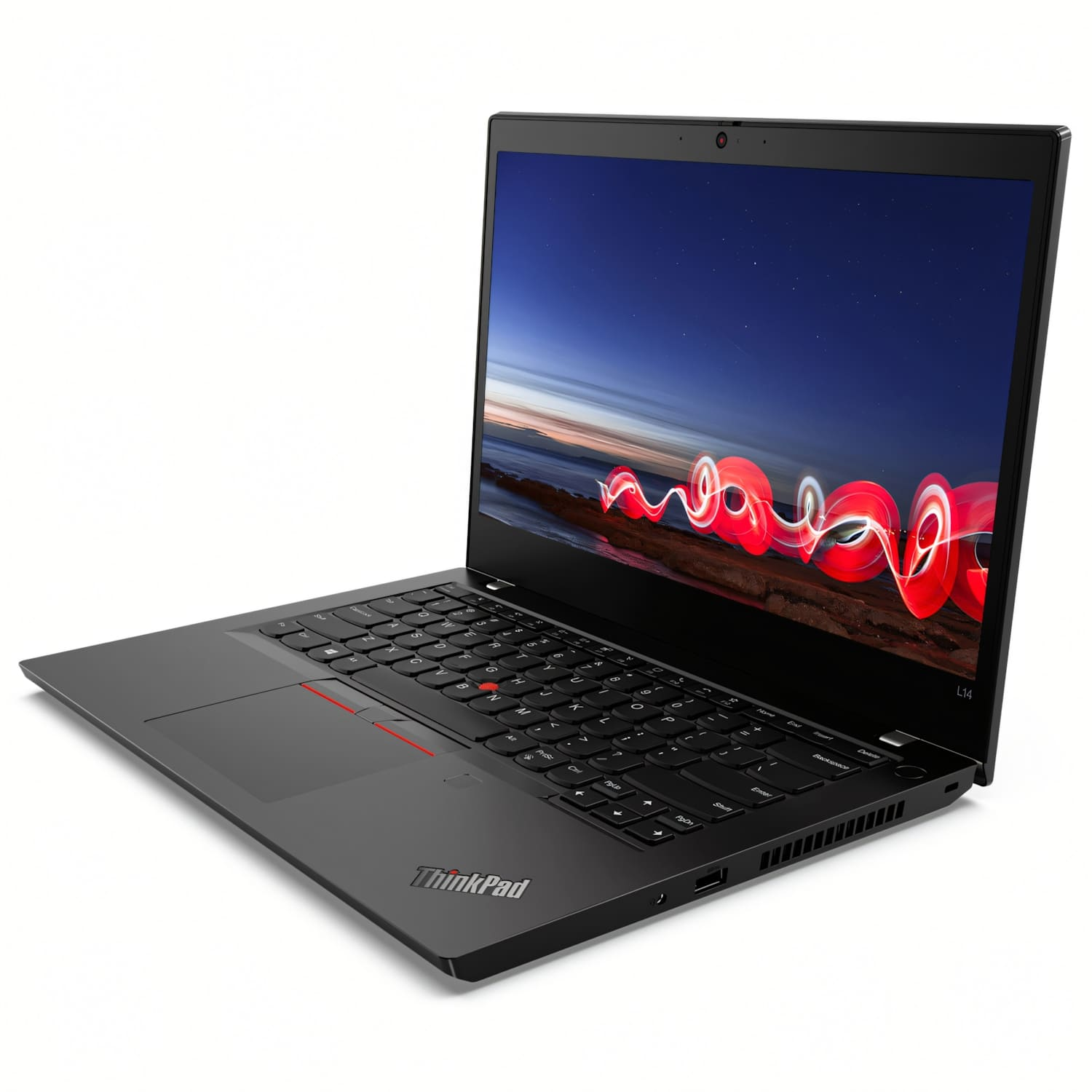 Un portátil ThinkPad negro está abierto, mostrando una escena nocturna con rastros de luz roja. El teclado es visible.