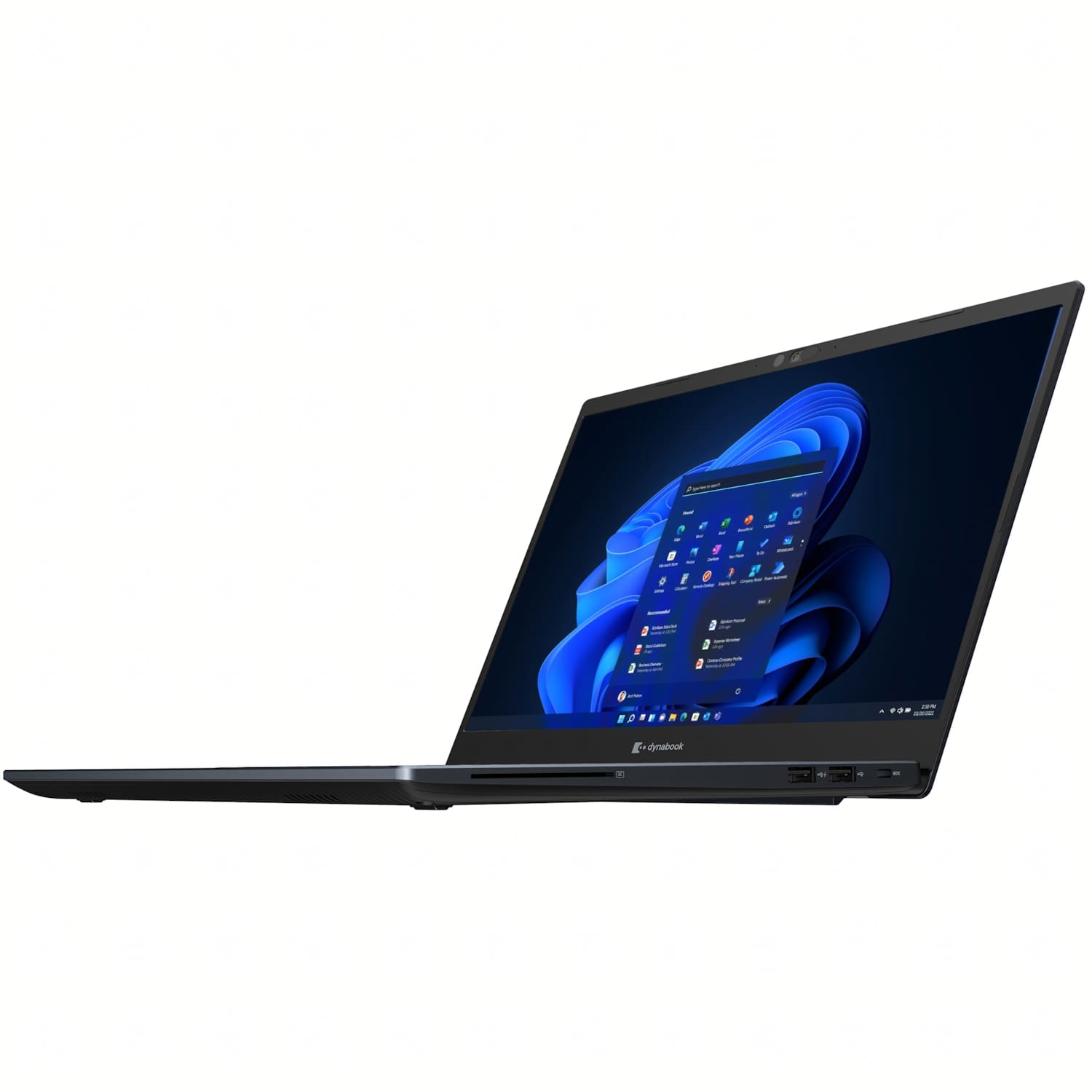 Un portátil gris oscuro está abierto, mostrando la interfaz de Windows 11. El fondo es blanco. El logotipo de Dynabook es visible.