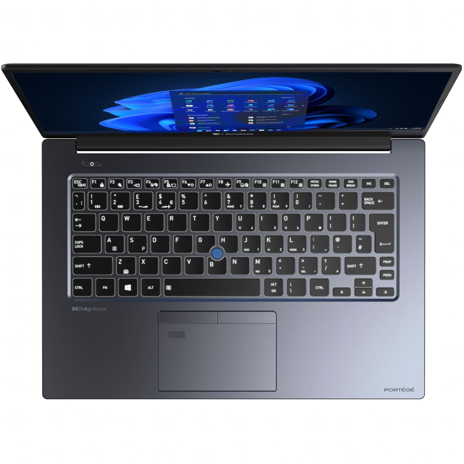 Un portátil con la pantalla abierta, mostrando una interfaz de Windows. El teclado es visible, con un panel táctil debajo. El portátil es gris oscuro.
