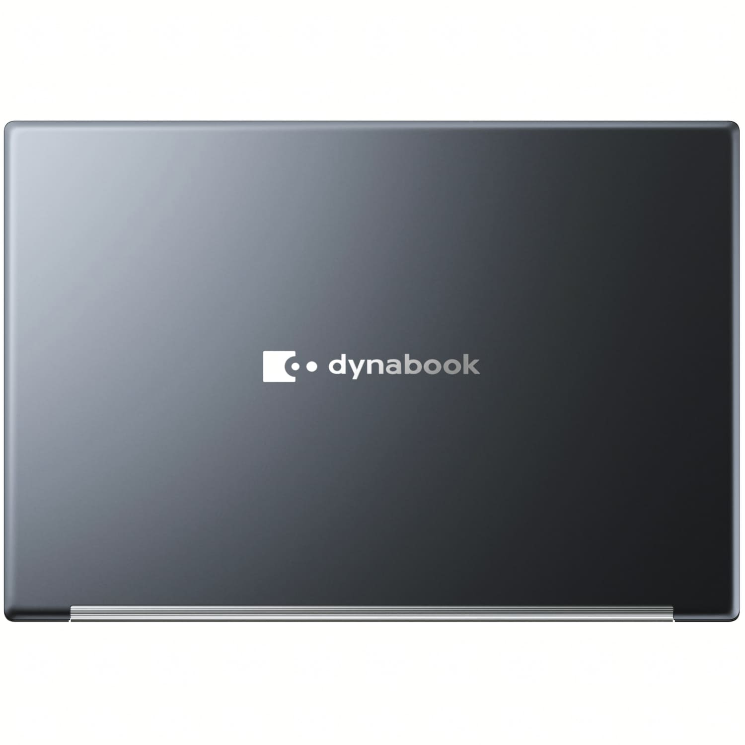 Un portátil Dynabook gris oscuro y cerrado centrado sobre un fondo blanco. El logotipo de Dynabook es blanco en la parte superior.