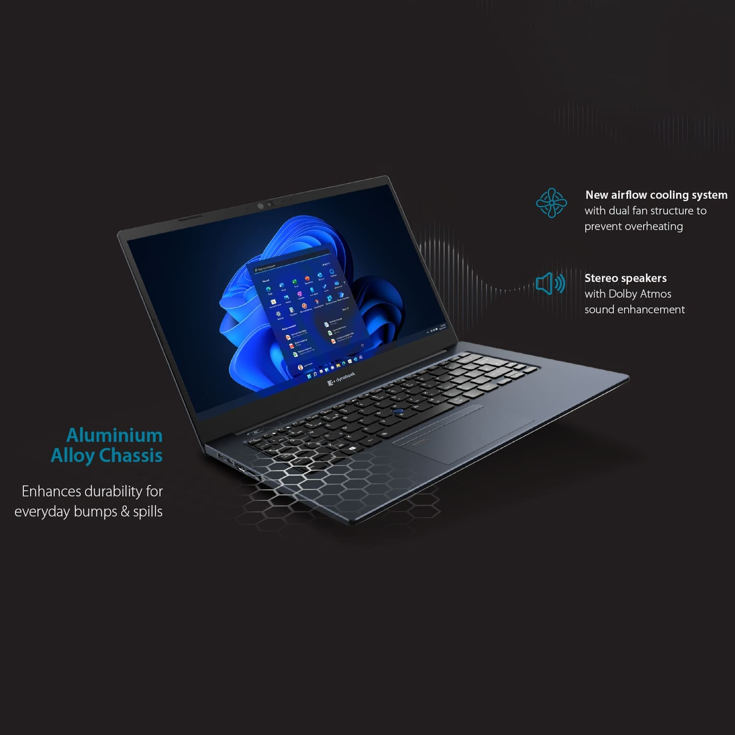 Se muestra una laptop con chasis de aleación de aluminio. La pantalla muestra Windows. Las características incluyen un sistema de enfriamiento y altavoces estéreo.