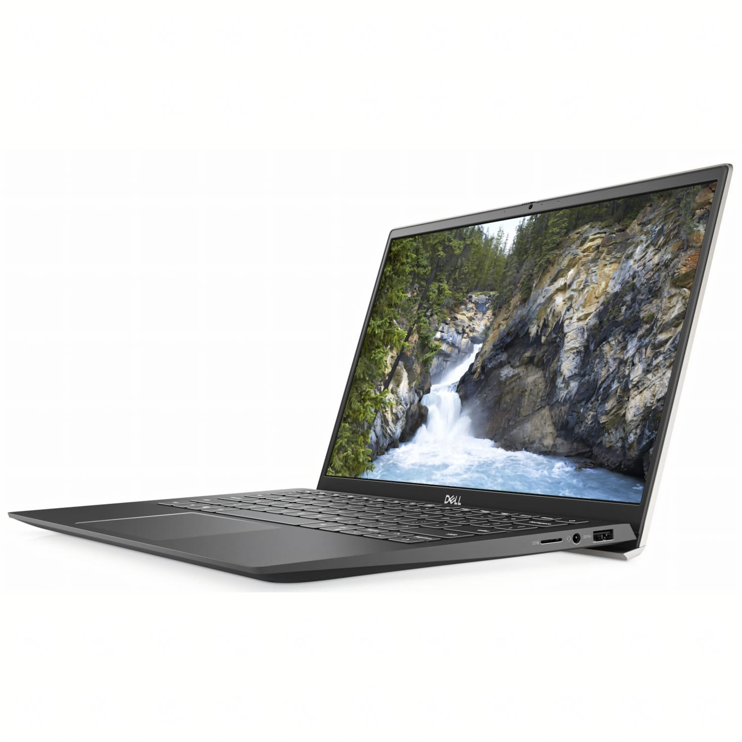 Una laptop Dell está abierta, mostrando una escena de cascada. Se encuentra sobre una superficie blanca. La laptop es gris oscuro.