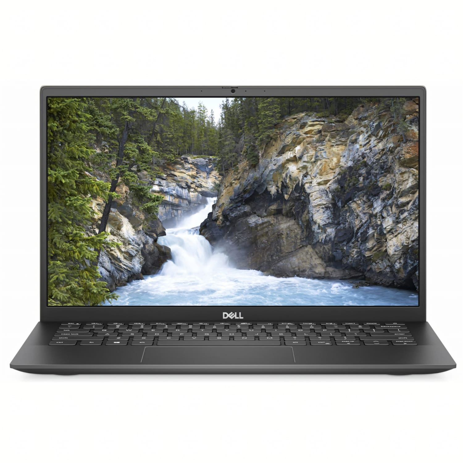 Un portátil Dell muestra una escena de cascada. El teclado es visible debajo de la pantalla. El portátil está sobre una superficie blanca.