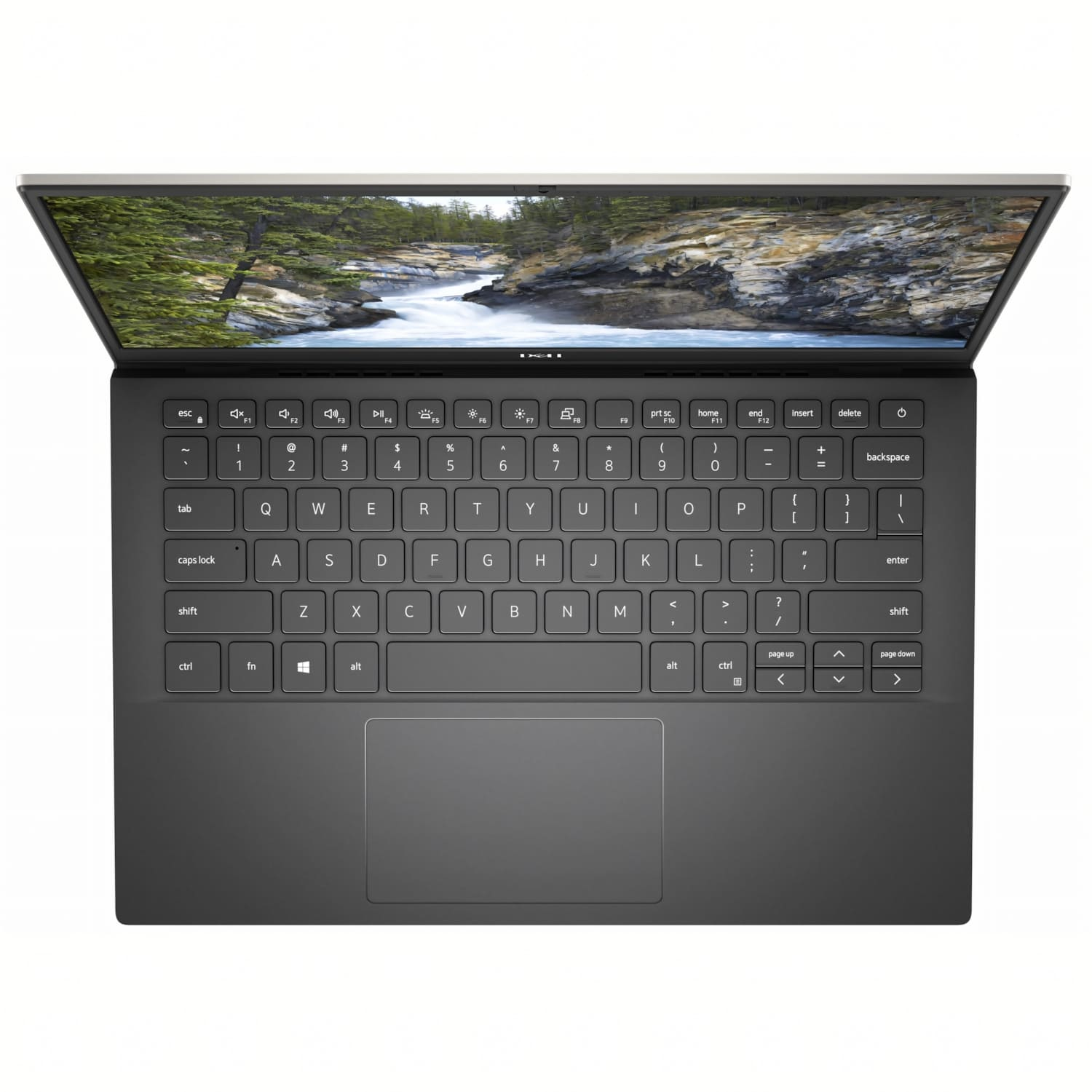Portátil abierto, mostrando teclado y pantalla. La pantalla muestra una escena de la naturaleza. El teclado es negro con letras blancas y panel táctil.