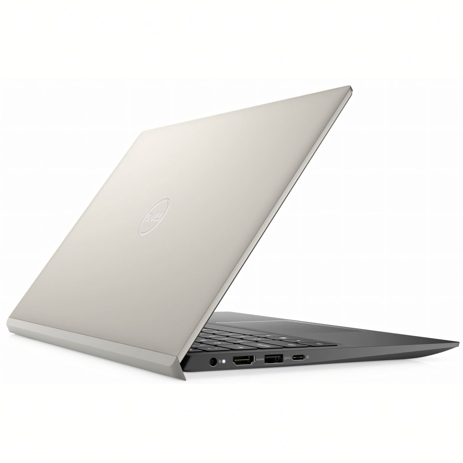 Una laptop Dell beige está abierta, mostrando el teclado y los puertos. El logotipo de Dell es visible en la tapa. El fondo es blanco.