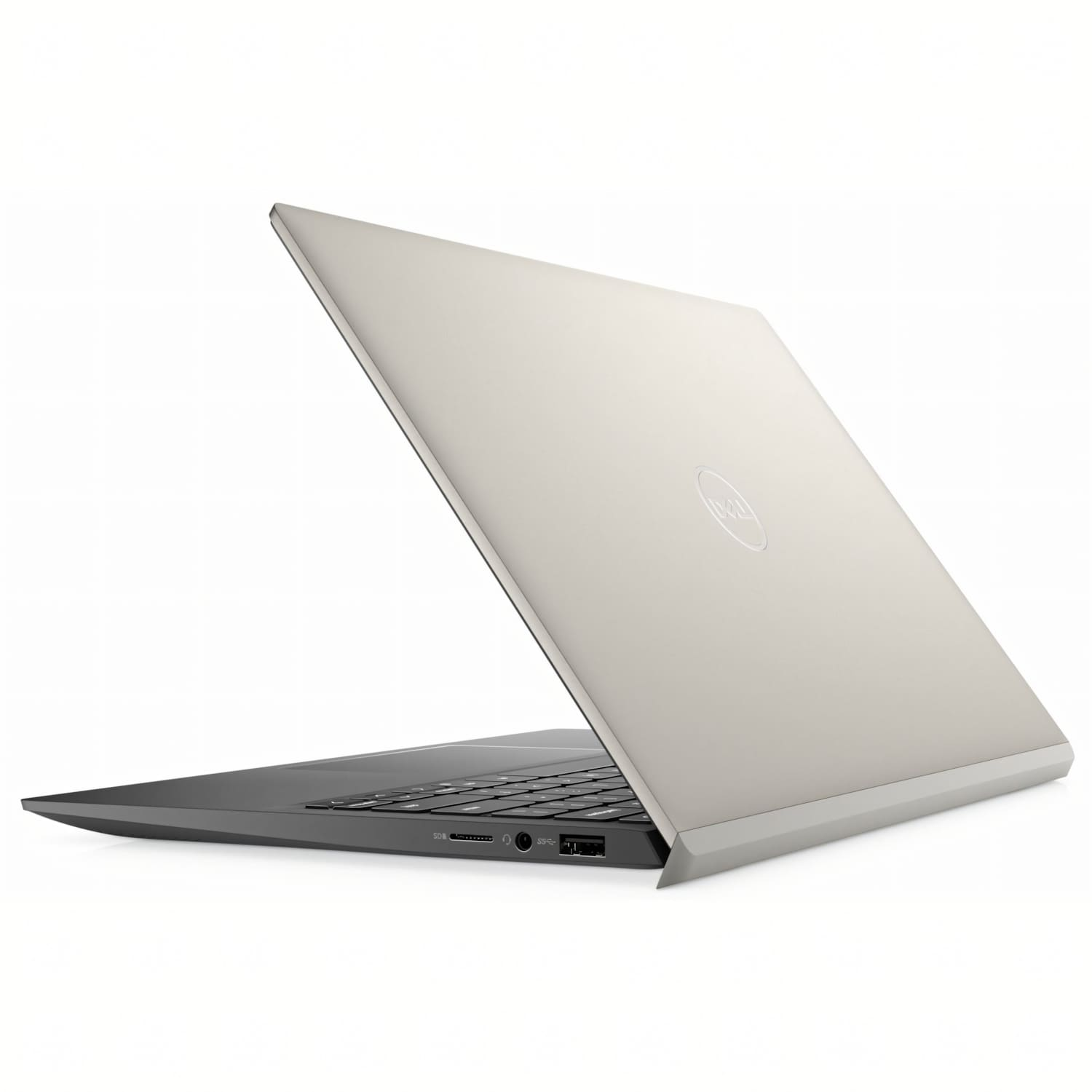 Un portátil Dell plateado está abierto, mostrando el teclado y la parte posterior de la pantalla. El fondo es blanco.