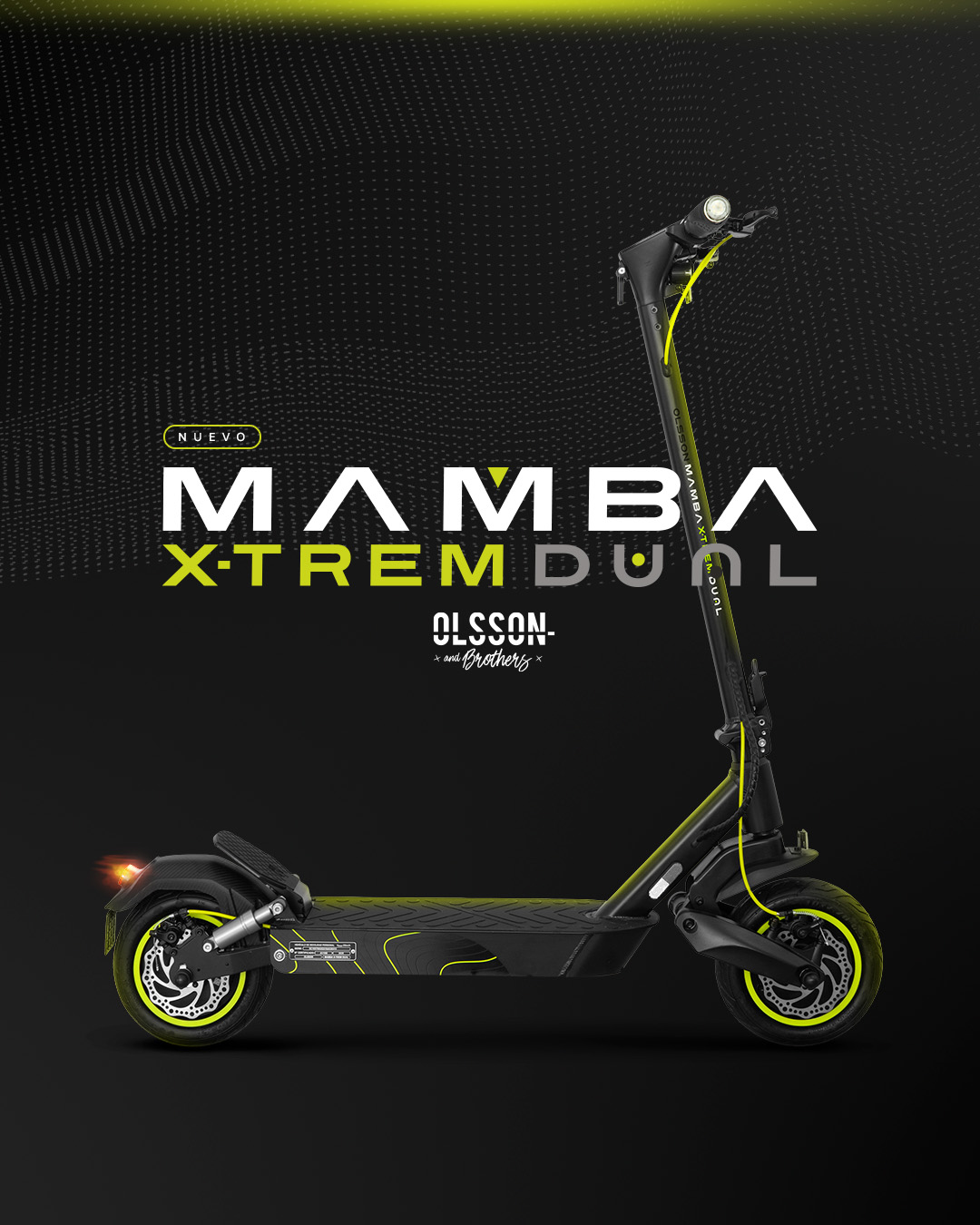 Patinete eléctrico negro y verde neón. Marca Mamba X-Trem Dual. Texto: Nuevo, Olsson & Brothers. Fondo oscuro con puntos.