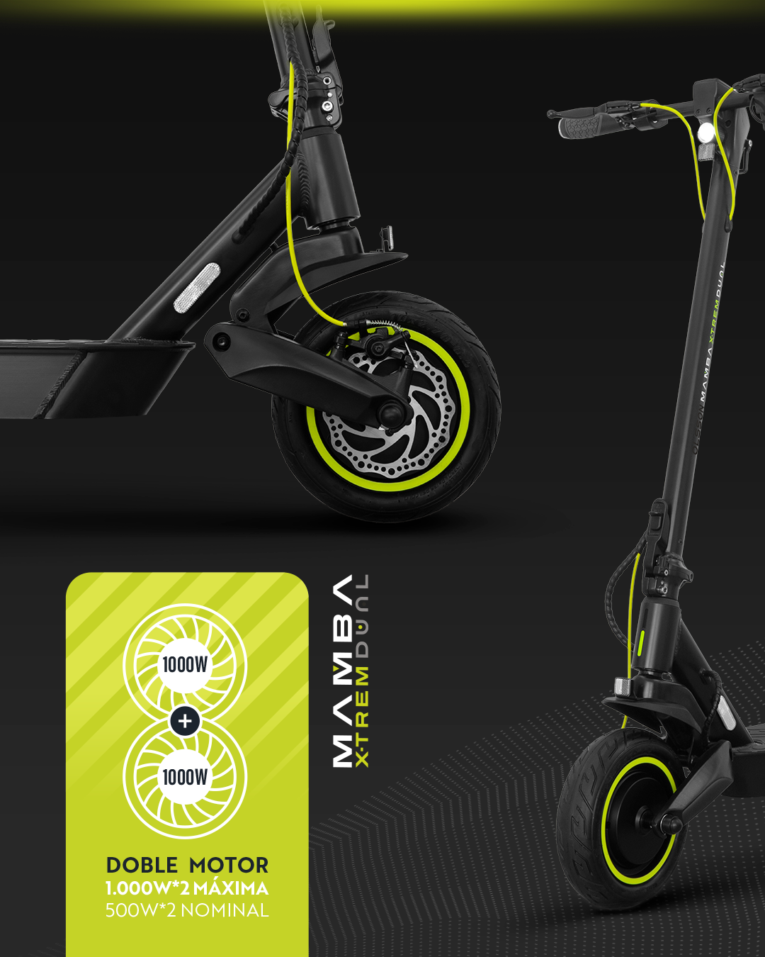 Scooter eléctrico negro con detalles verde neón. Tiene dos motores, el texto dice 1000W+1000W. La marca es MAMBA XTREMDUAL.