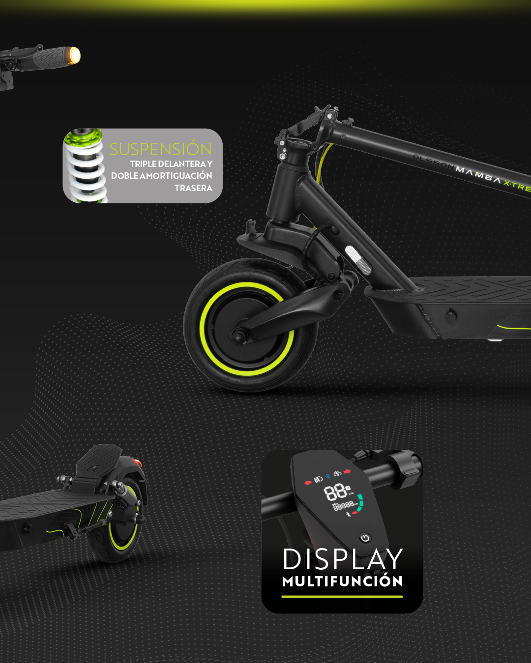 Patinete eléctrico negro con detalles amarillos. Cuenta con suspensión, pantalla digital y la marca 'Olsson Mamba X-Treme'.