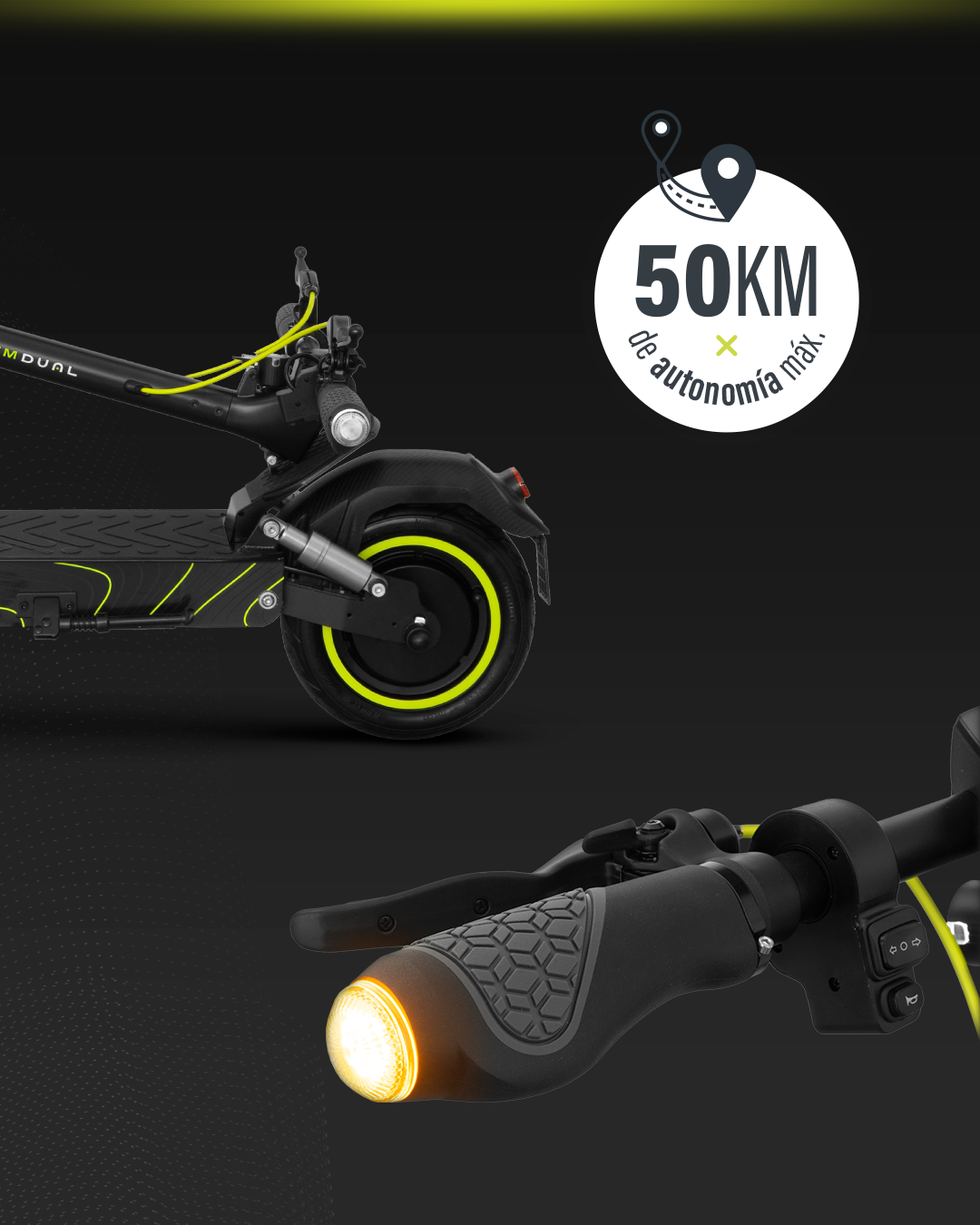 Scooter eléctrico negro con detalles amarillos. Se anuncia una autonomía de 50 km. La luz delantera está encendida. Visibles los manillares.