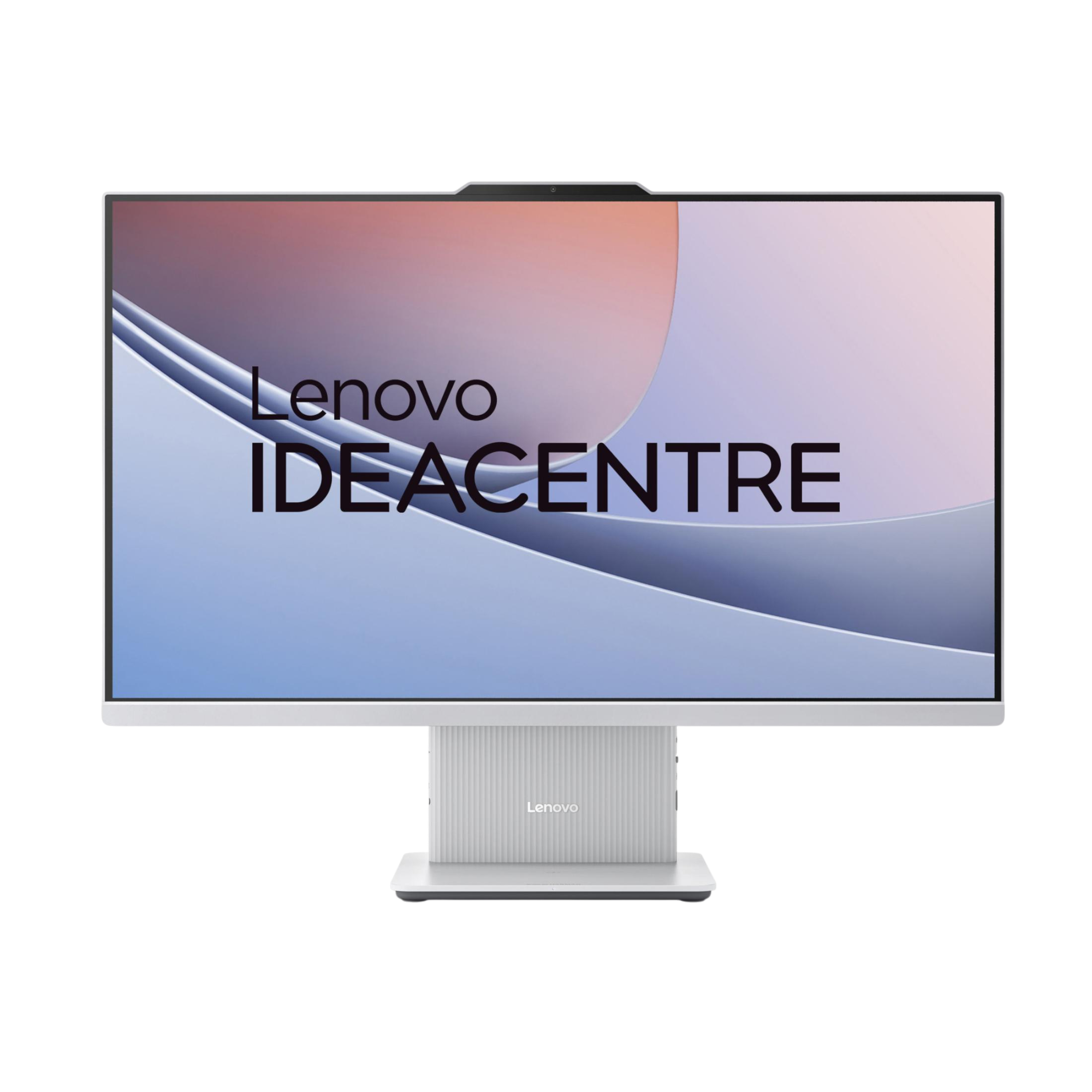 Wyświetlany jest komputer Lenovo IdeaCentre all-in-one. Ekran pokazuje jasnoniebieskie i brzoskwiniowe tło z logo Lenovo.