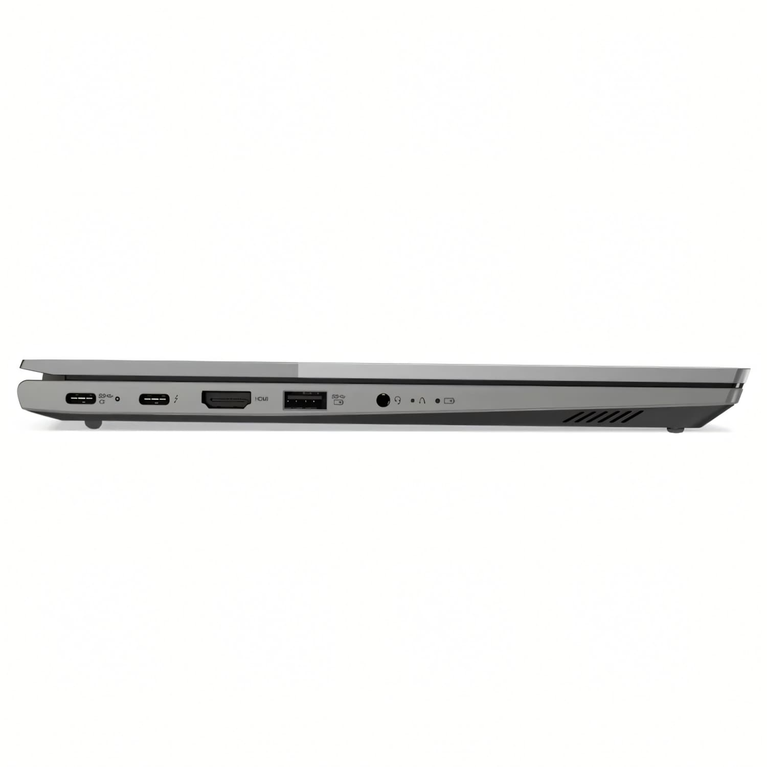 Vista lateral de una laptop gris que muestra puertos como USB-C, HDMI y conector de audio. La laptop está sobre una superficie blanca.