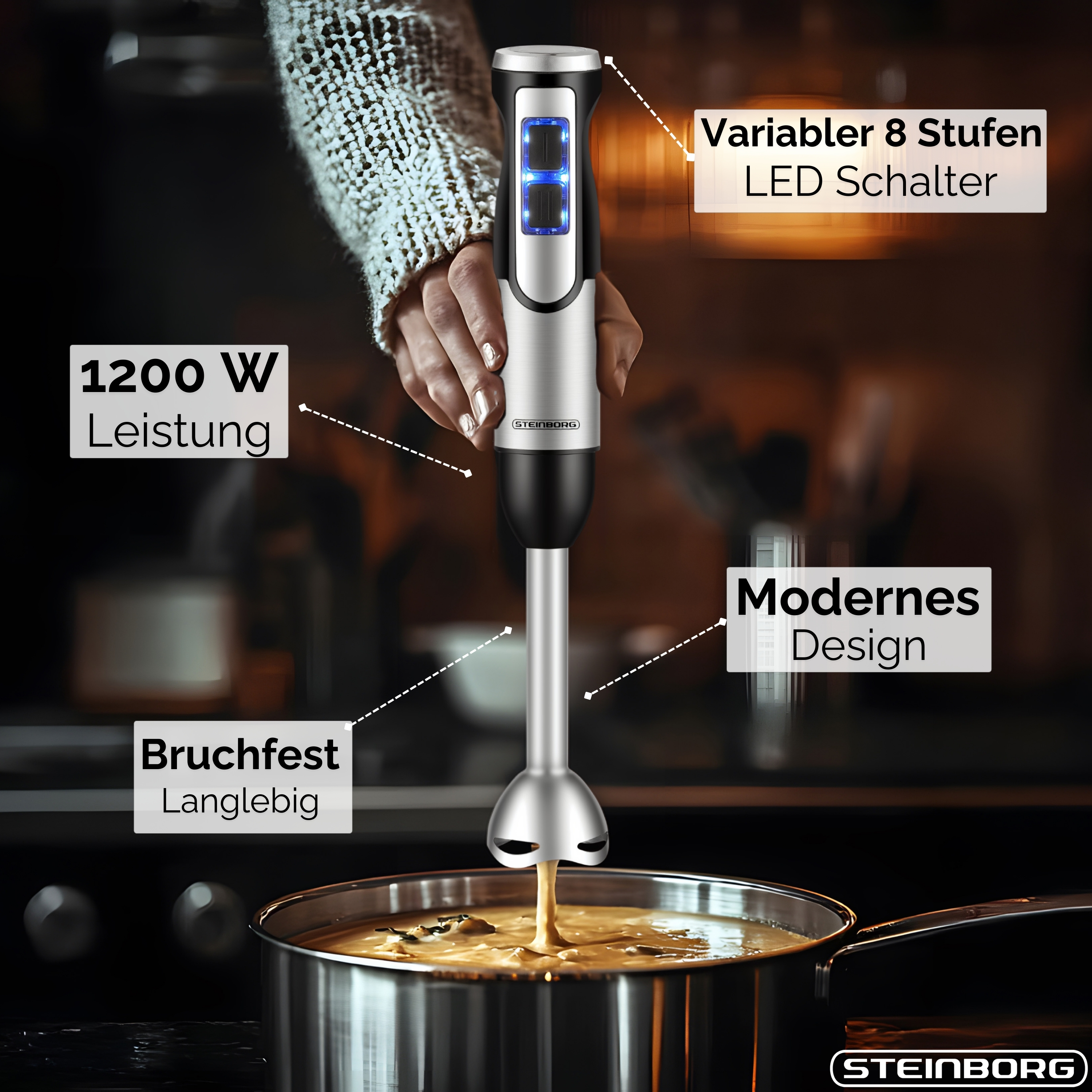 Eine Hand hält einen silbernen Stabmixer und verrührt Lebensmittel in einem Topf. Merkmale sind LED und 1200W Leistung.