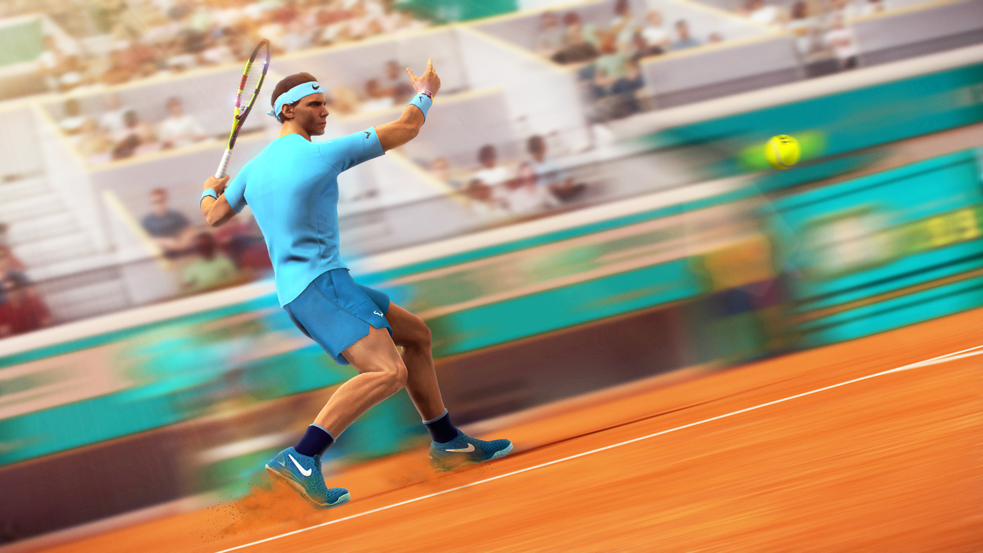 Tennisspieler in blauer Kleidung serviert einen gelben Ball. Zuschauer im Hintergrund. Der Platz ist orange.
