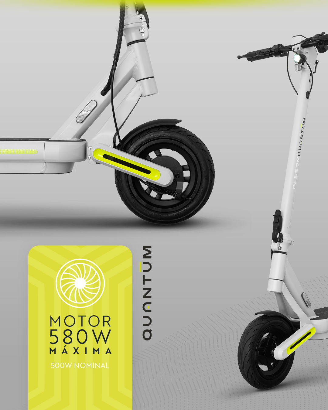 Patinete eléctrico blanco con ruedas negras. Acentos amarillos y un letrero amarillo que indica la potencia del motor. La marca es Olsson Quantum.