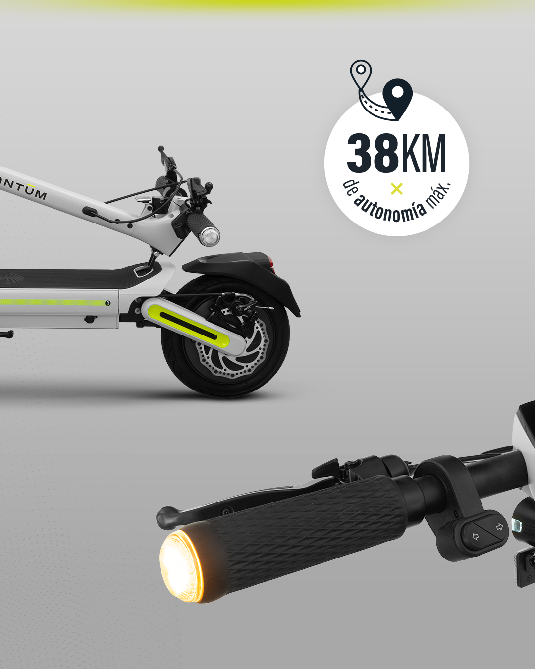 Scooter eléctrico blanco con detalles negros, acentos amarillos y luz delantera. Info gráfico muestra 38km de autonomía.