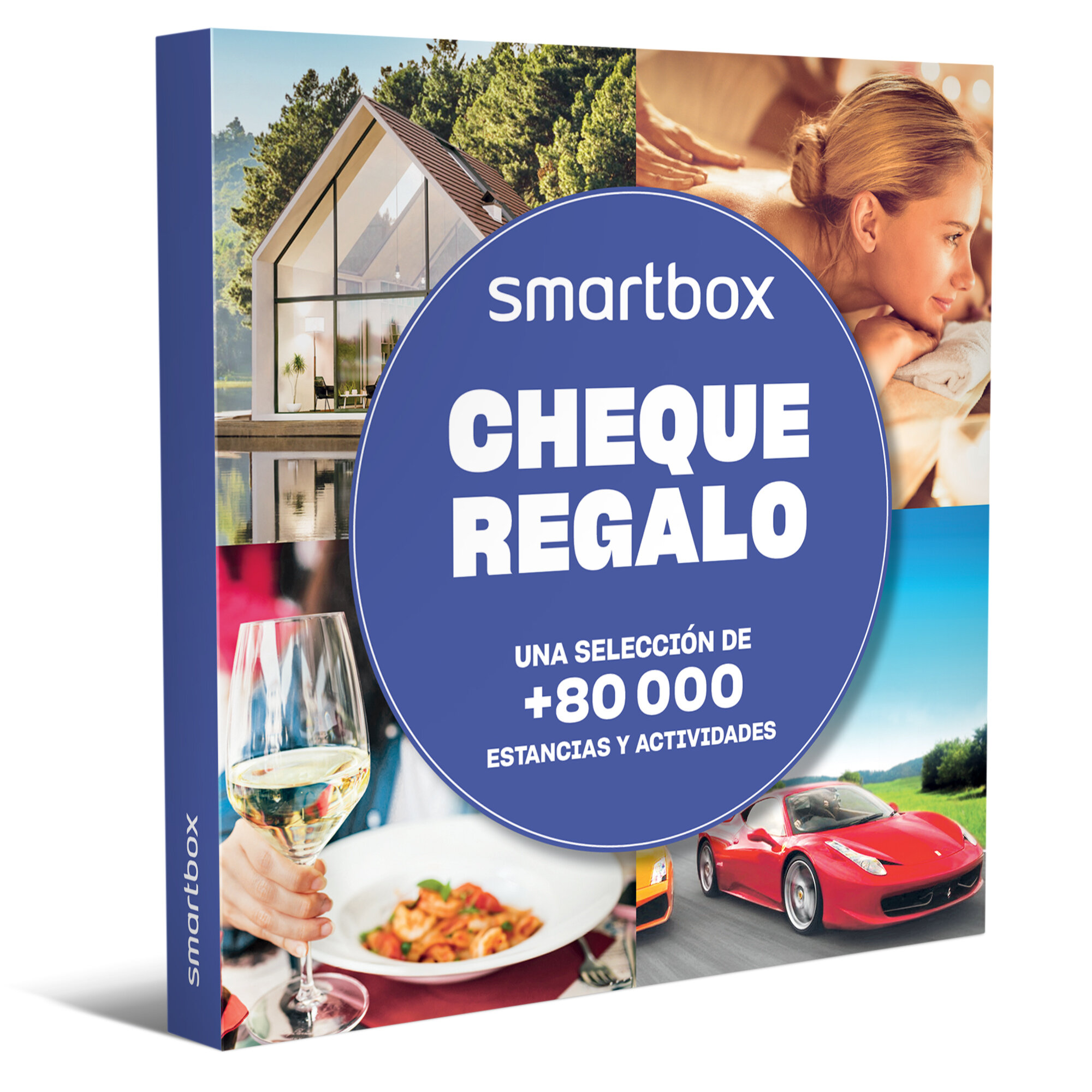 Anuncio de tarjeta regalo con imágenes de casa, masaje, comida y coche rojo. Texto: 'Smartbox CHEQUE REGALO'.