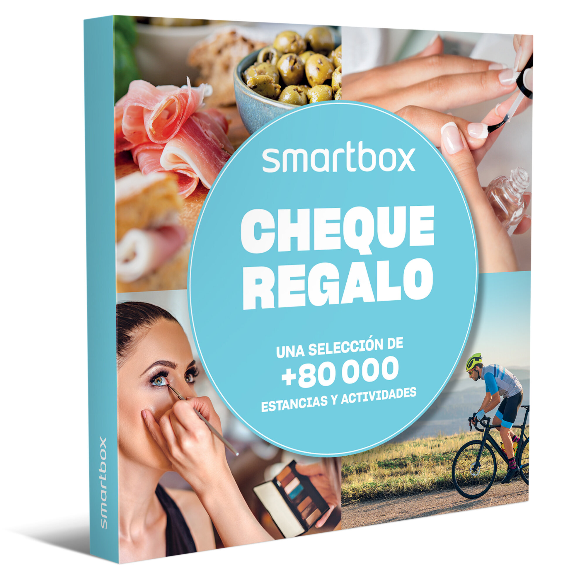 Caja de regalo con imágenes de comida, belleza y ciclismo, con texto 'CHEQUE REGALO' y '+80 000 estancias y actividades'.