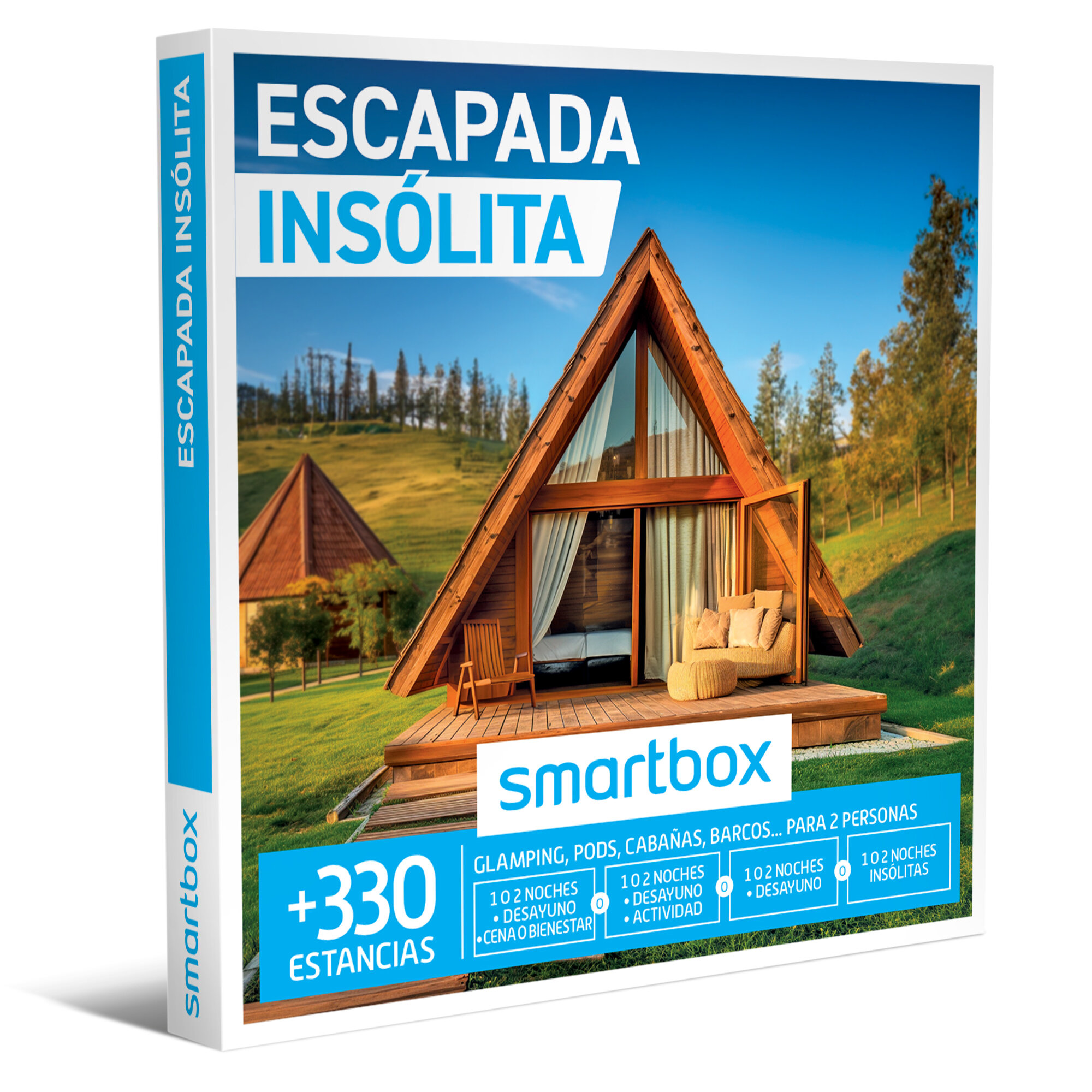 Arte de la caja muestra cabaña de madera con puertas abiertas sobre césped. El texto promociona 'Escapada Inusual' para dos.