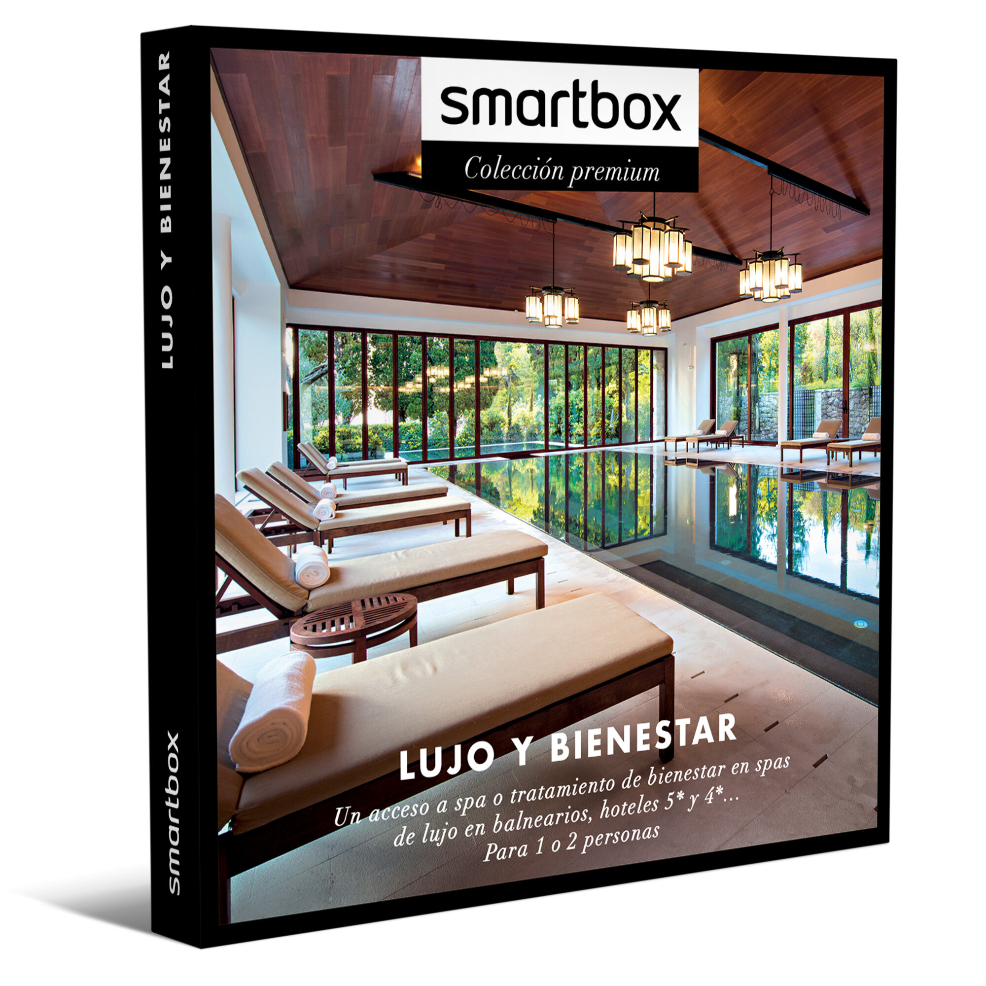 La imagen muestra un interior de spa. Tumbonas junto a una piscina con reflejos. El logo de Smartbox es visible.
