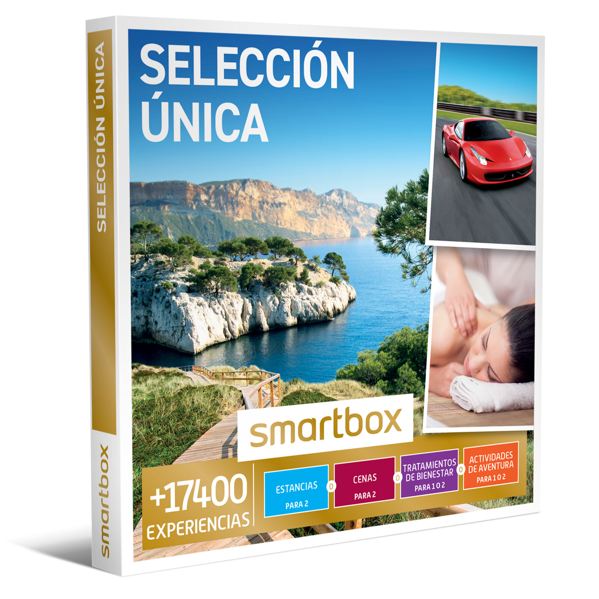 Smartbox con imágenes de un coche rojo, un masaje y un paisaje costero. Texto: 'Seleccion Unica' y 'Experiences'.