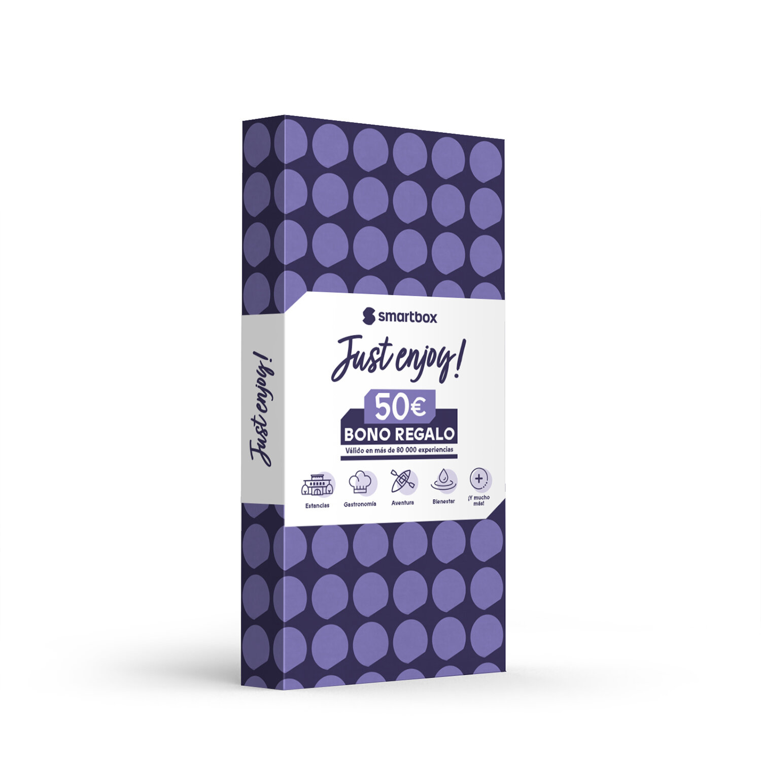 Caja de regalo con texto 'Just enjoy!' y logo. Muestra '50€ BONO REGALO' e iconos de experiencias como gastronomía y aventura.
