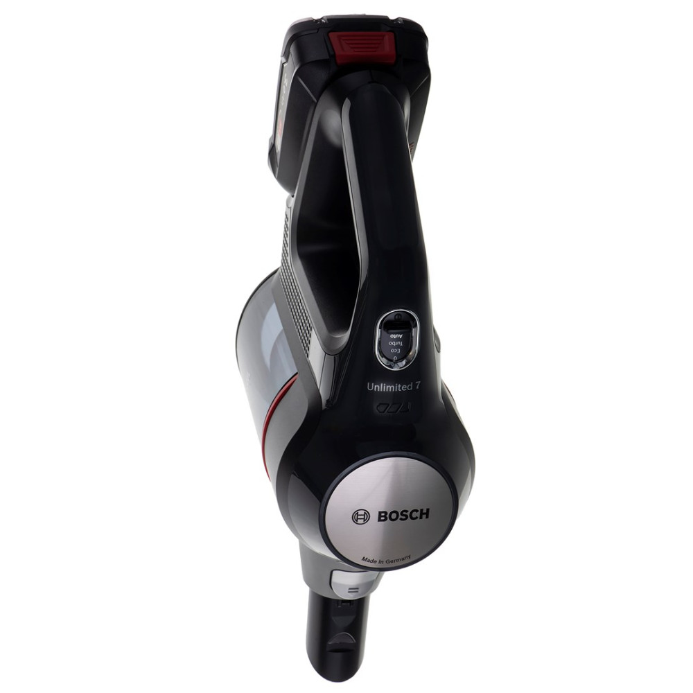 Czarny i srebrny odkurzacz Bosch Unlimited 7. Posiada uchwyt, przycisk zasilania i logo Bosch.
