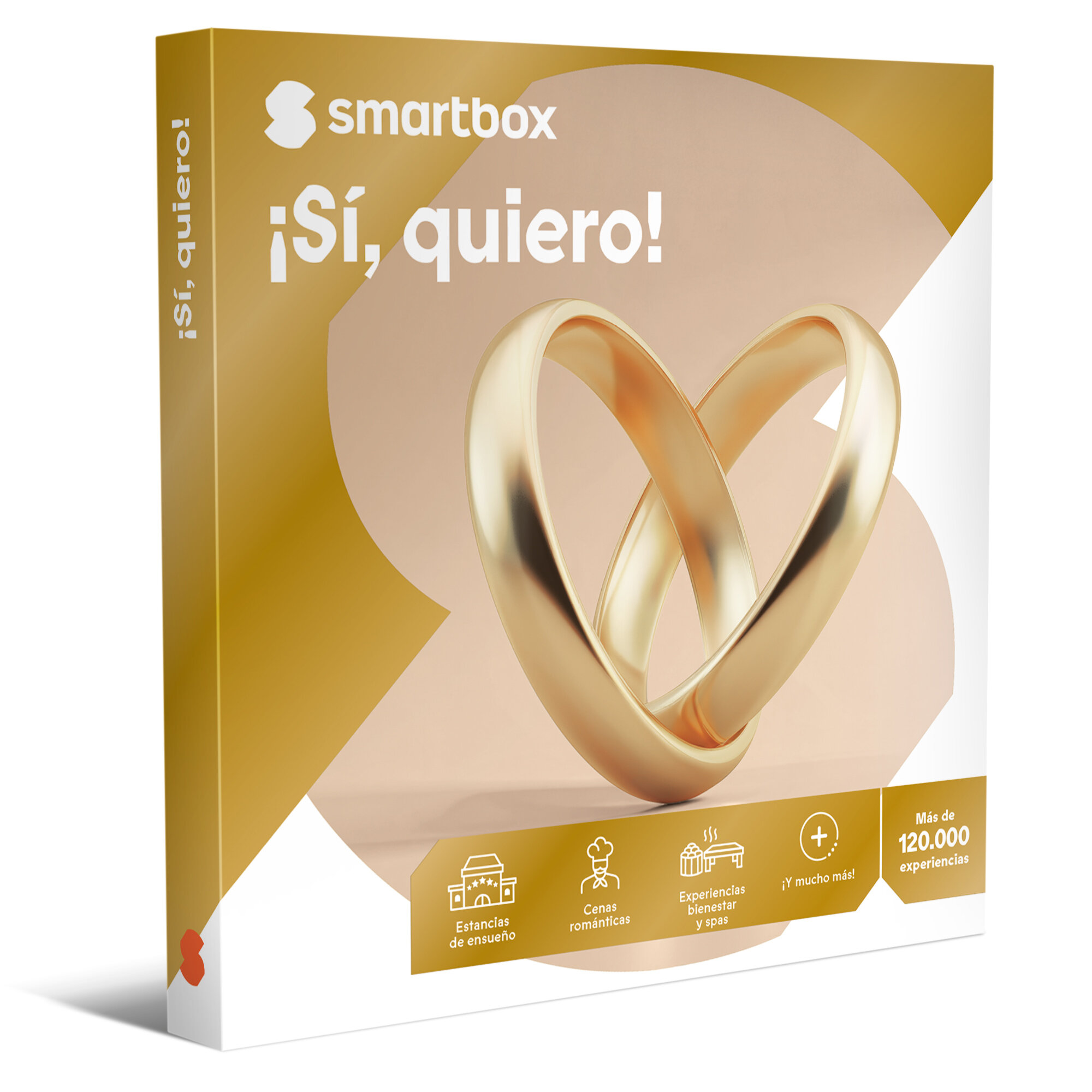 Caja dorada con anillos formando un corazón. Texto: Sí, quiero! y smartbox. Iconos de experiencias.